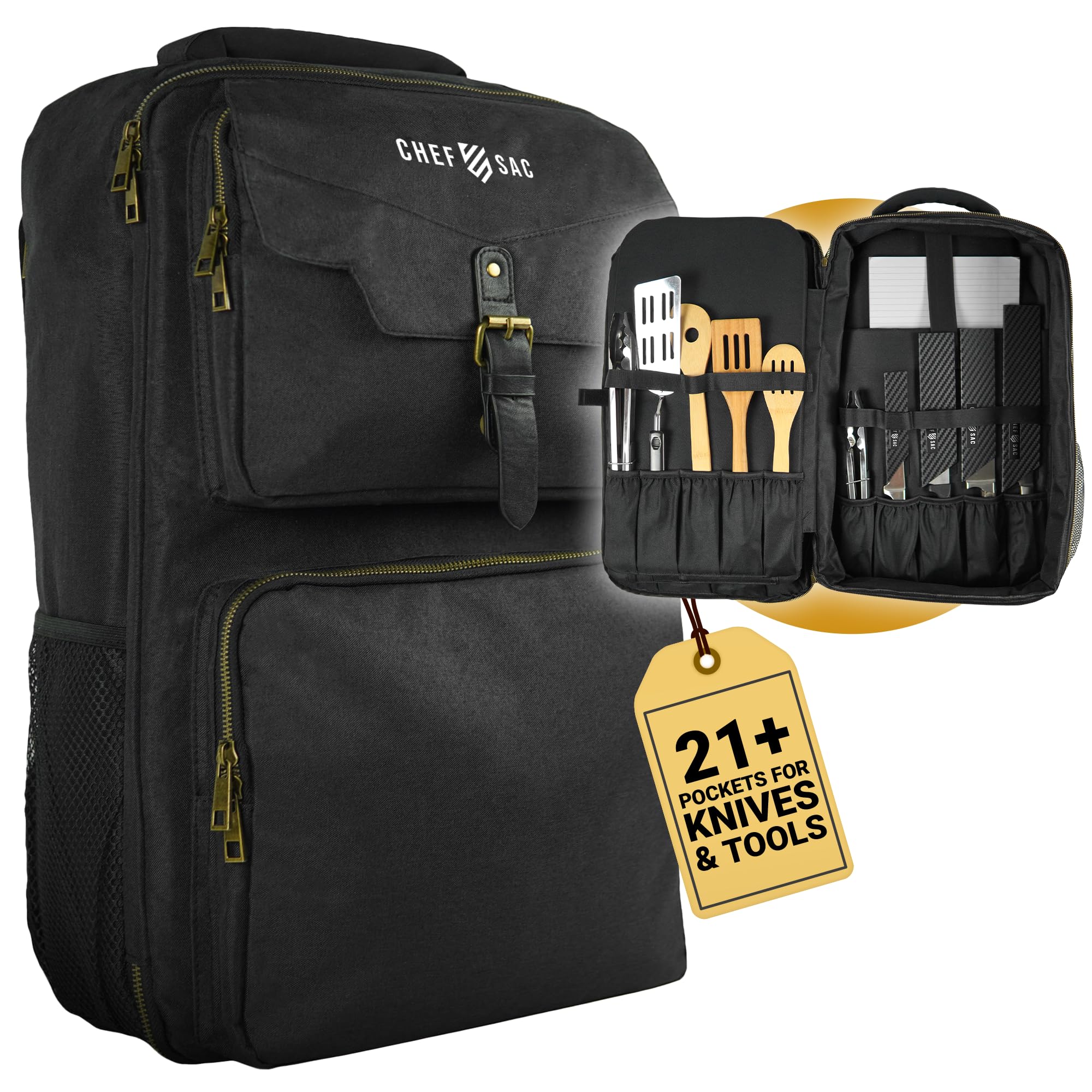 Professional Chef Backpack for Travel - Water-Resistant Knife Bag with 21+ Pockets for Kitchen Tools & Utensils | Fits Laptop & Notebook | Ideal for Chefs, Culinary Students & Cooking Enthusiasts (Black) | Perfect for Culinary School, Work Commute & Professional Kitchen Use