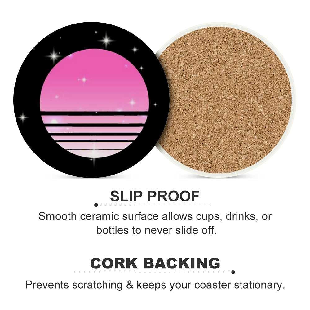 Synthwave Cyberpunk Sun Starry Sky Black Ceramic Drink Coasters Set - 3.9 Inch Absorbent Round Coasters with Cork Base for Kitchen, Bar, Apartment (2-Pack) - Perfect for Protecting Tables from Glass Stains
