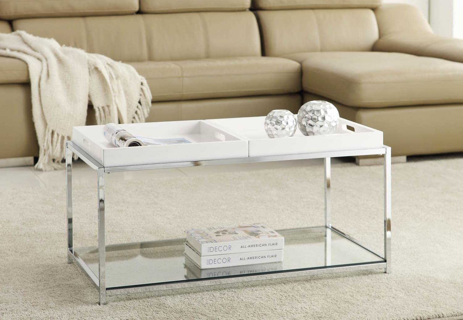 Palm Beach Coffee Table with Shelf & Removable Trays - White Modern End Table for Living Room, Perfect for Small Spaces & Home Decor