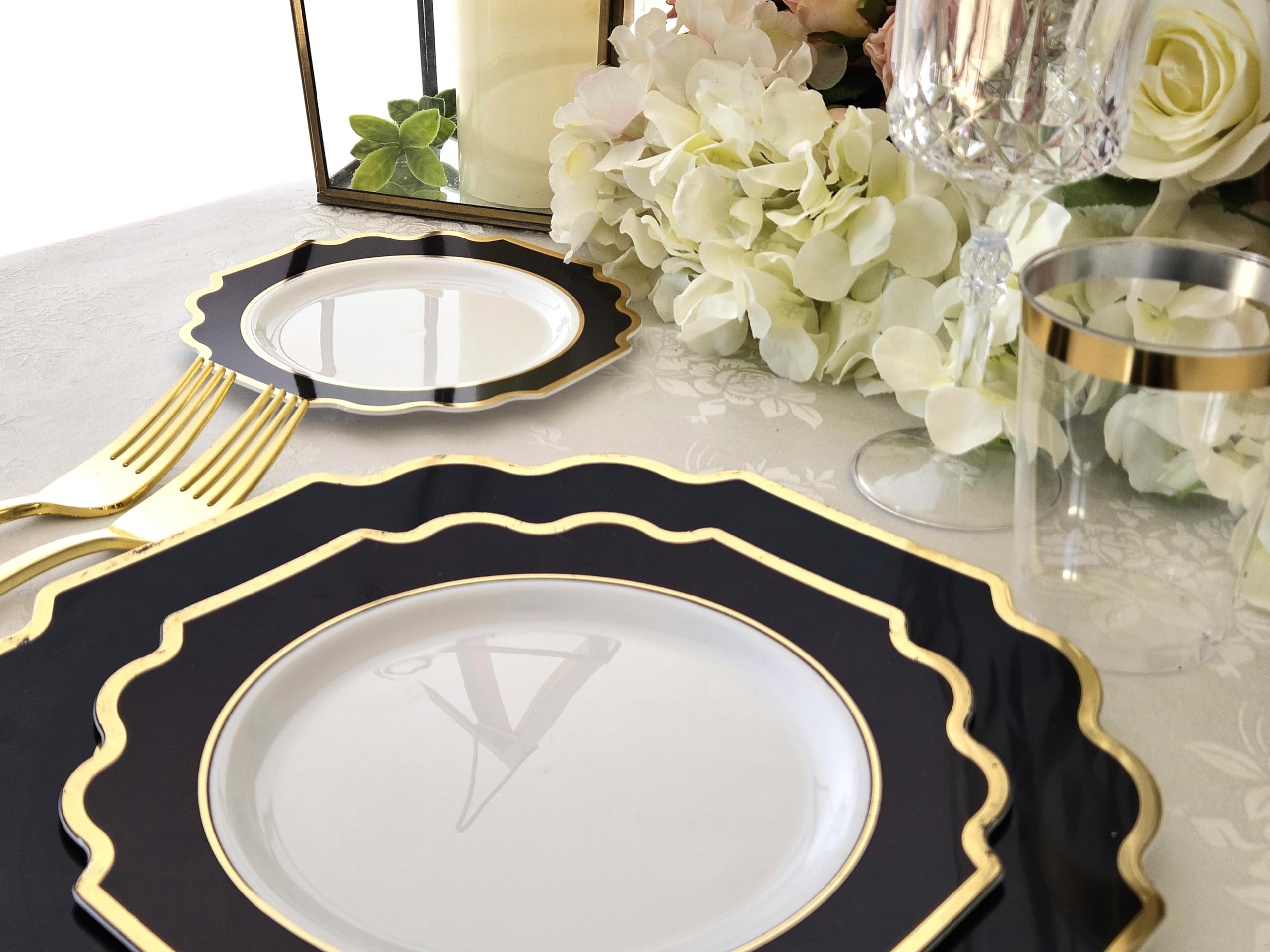 120-Pack Heavyweight Disposable Plastic Plates - 8'' Appetizer & Dessert Plates for Weddings, Parties & Events (White/Black & Gold) - Perfect for Birthday Celebrations, Baby Showers & Holiday Gatherings