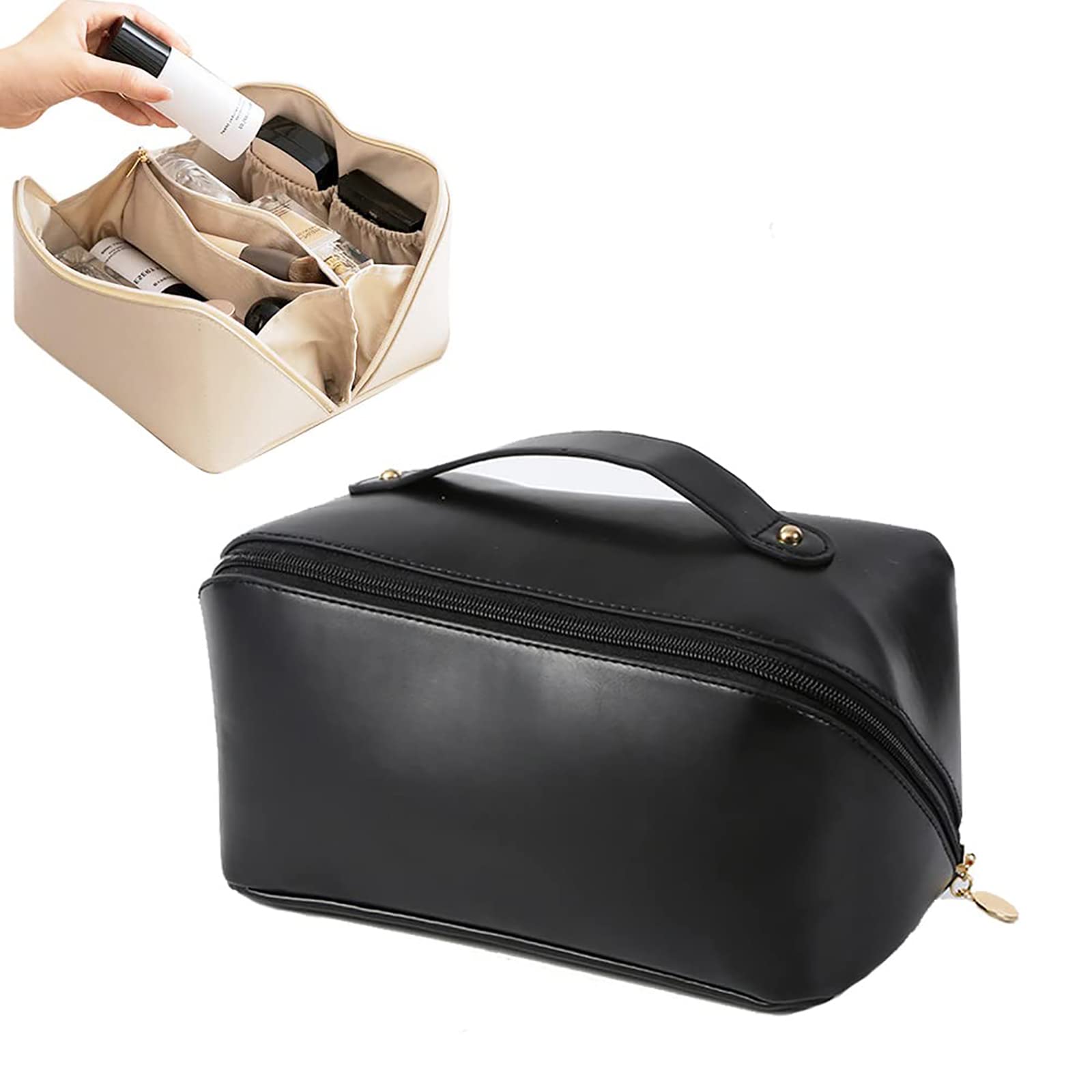 MQSHUHENMY Large Capacity Travel Cosmetic Bag - Waterproof Leather Makeup Organizer for Women | Portable Washable Toiletry Bag | Perfect for Vacation, Gym, Business Trips & Daily Skincare Storage (Black)