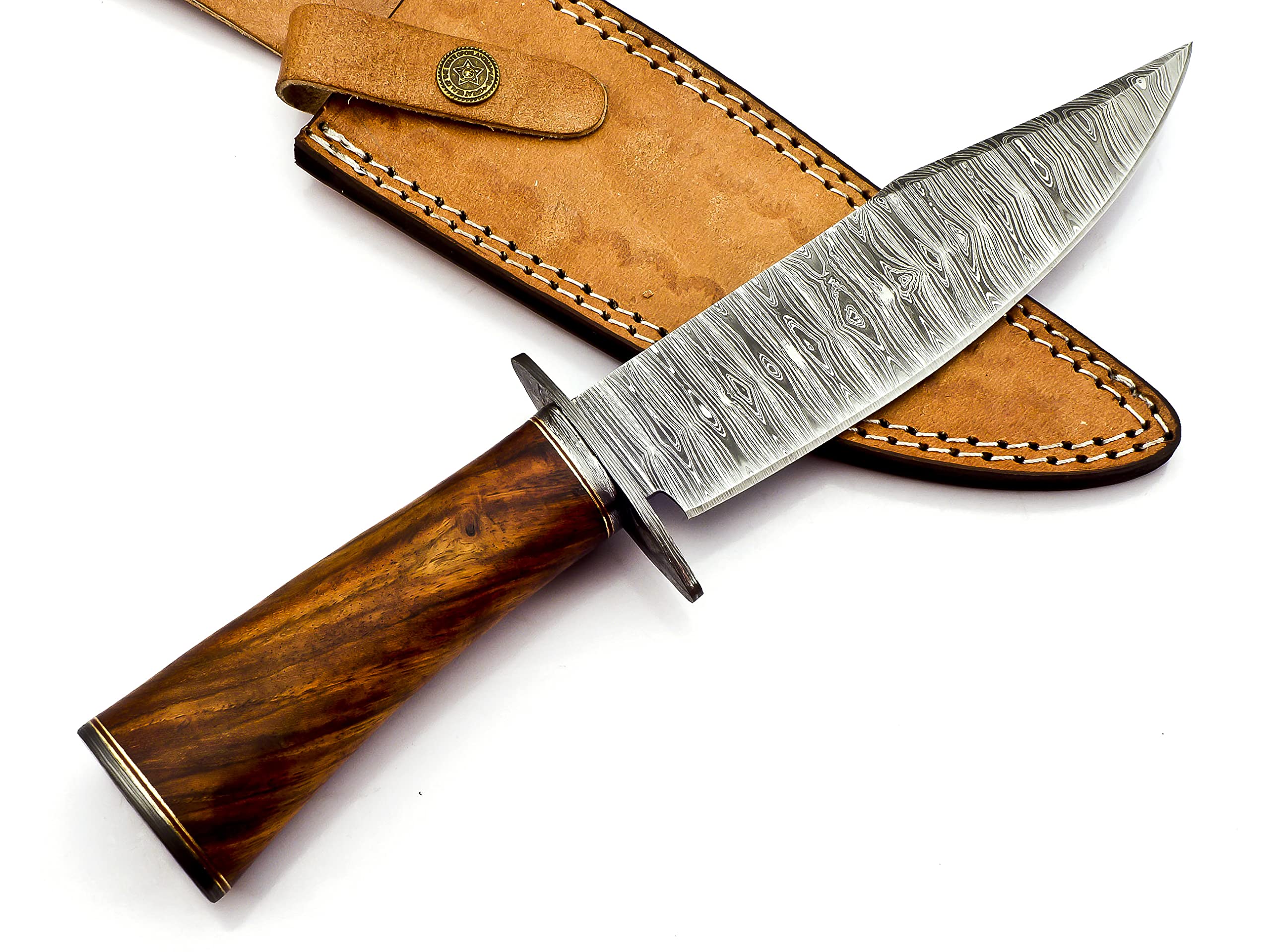 Nooraki BK-348 Damascus Steel Fixed Blade Bowie Knife - Handcrafted Hunting Knife with Leather Sheath & Rosewood Handle - Perfect for Outdoor Camping, Survival, Bushcraft and Everyday Carry (12 Inch Blade)