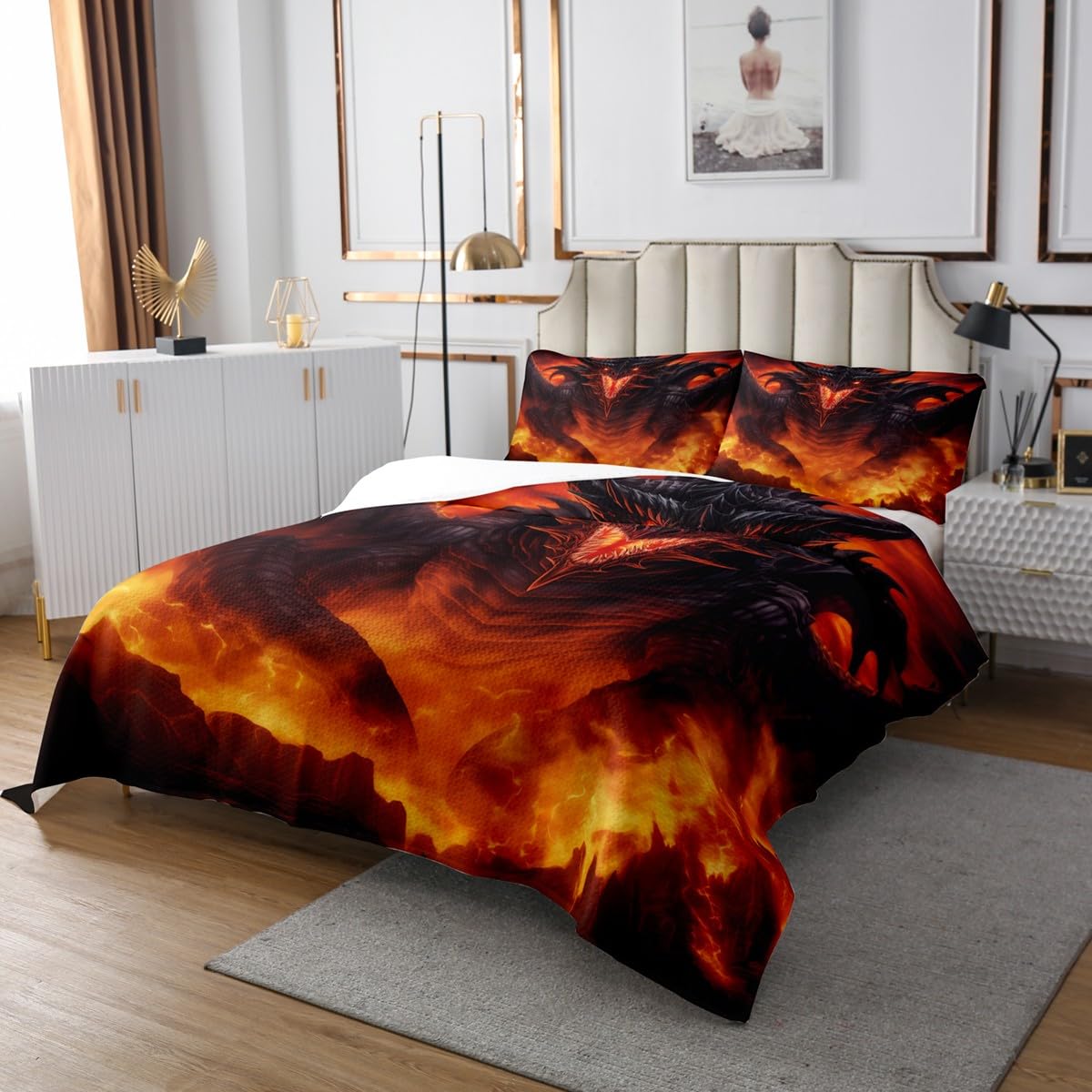 Fierce Dragon King Bedspread Set with Pillowcases - Wild Dino Themed Bedding for Teens & Adults - Perfect for Dragon Lovers' Room Decor