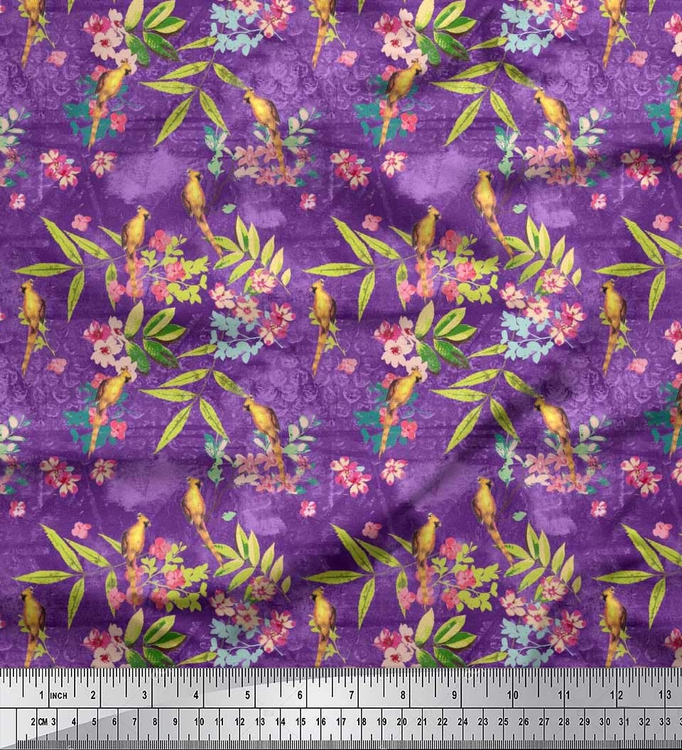 Soimoi Cotton Jersey Fabric - Purple Floral Leaves & Yellow Cardinals - for Sewing & DIY Crafts