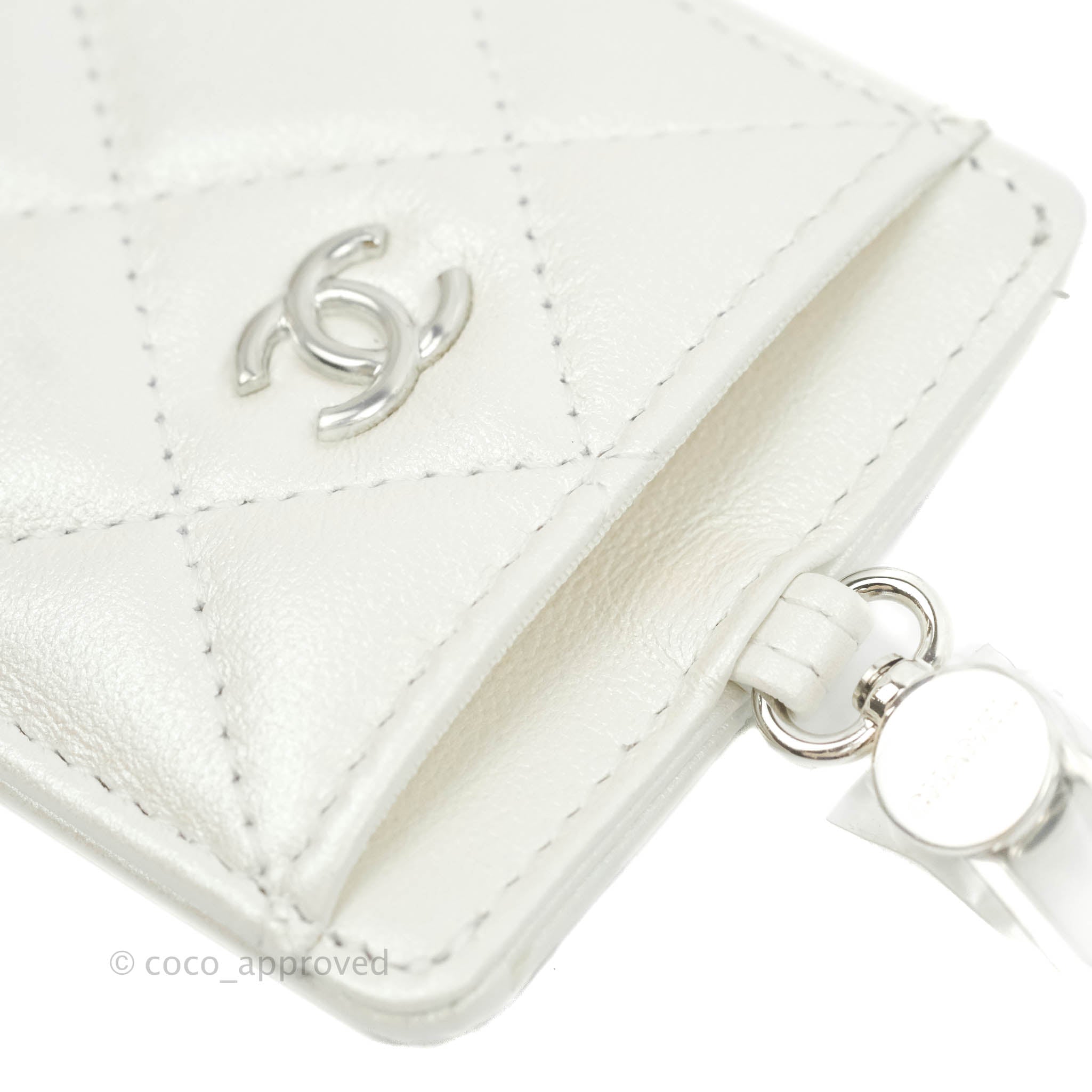 Chanel Classic Flap Card Holder Iridescent White Lambskin Silver Hardware - Luxury Compact Wallet for Everyday Use & Special Occasions