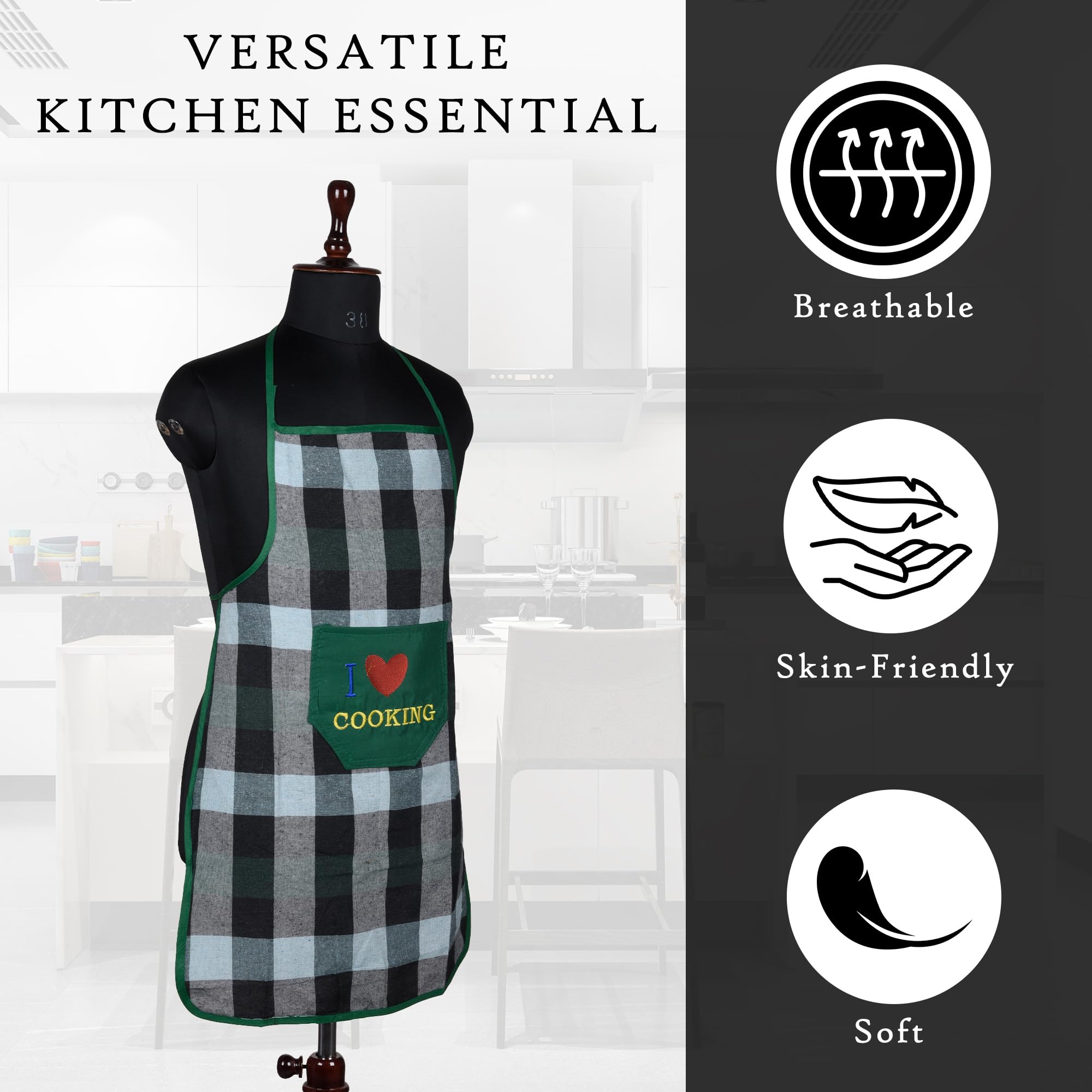 Kuber Industries Waterproof Kitchen Apron for Women & Men - Chef & Restaurant Apron with Front Pocket - Durable Cooking Apron in Bada Check Green - Perfect for Home Cooking, BBQ, Baking & Professional Kitchens