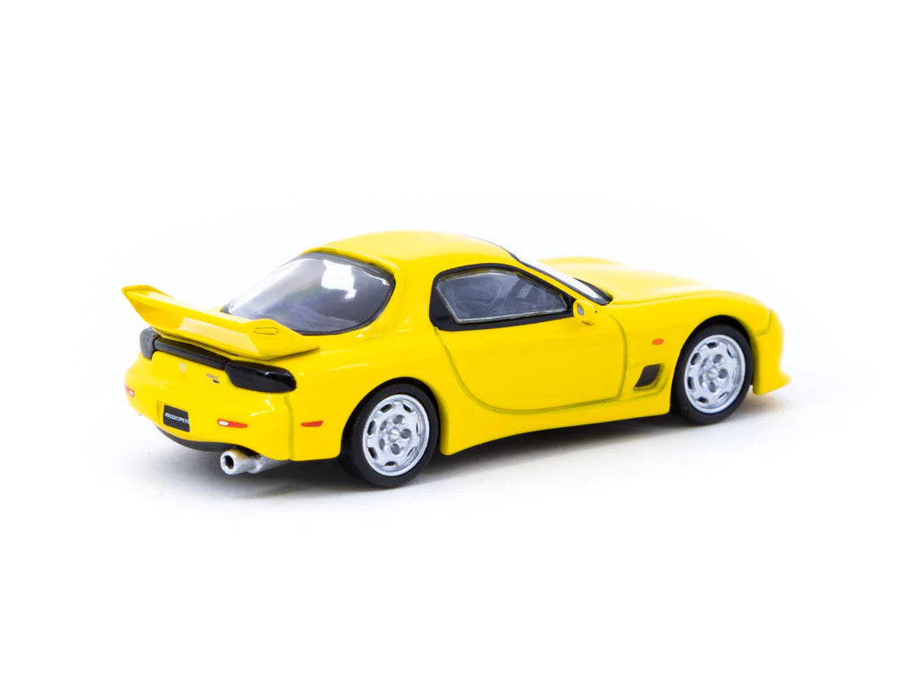 Tarmac Works 1:64 Scale Mazda RX-7 FD3S Mazdaspeed A-Spec Diecast Model Car - Competition Yellow Mica | Collectible Toy Car for Display, Racing Games & Gift Giving