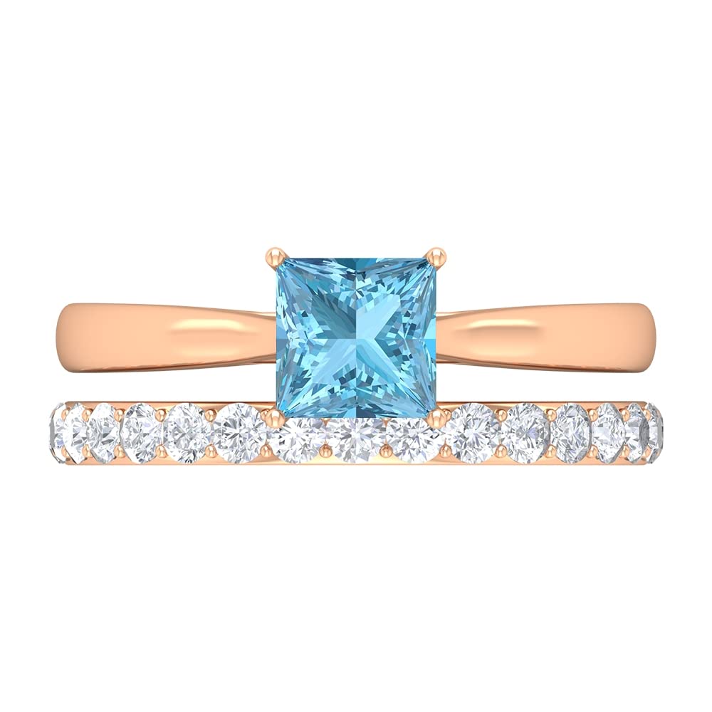 Aquamarine and Moissanite Ring Set - 14K Solid Gold Princess Cut Solitaire Engagement & Wedding Ring for Brides - Perfect for Proposals, Anniversaries, and Special Occasions
