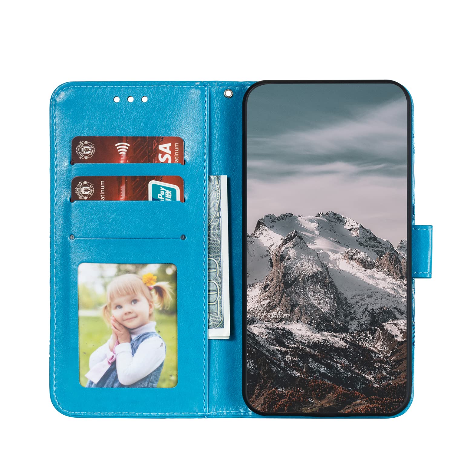 OOPKINS PU Leather iPhone 13 Mini Case - Mandala Blue Wallet Cover with Card Slot & Magnetic Stand for Work & Travel