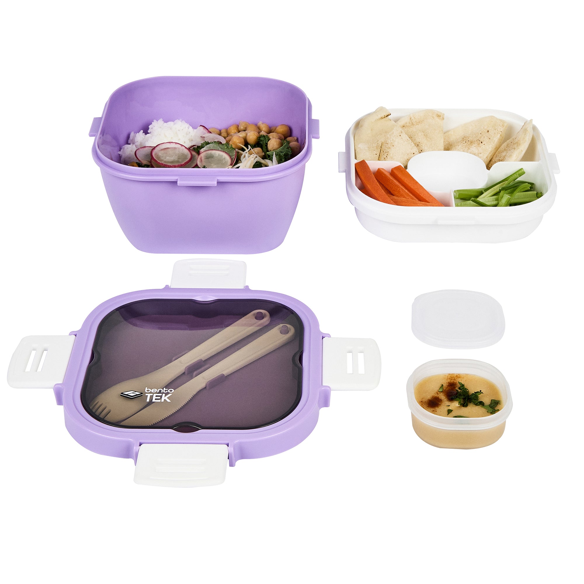 Bento Tek 58 oz Purple and White BPA Free Lunch Box with Fork & Knife - Microwave Safe, Reusable Food Container (7.25