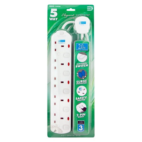 5-Way Elegant Power Strip with Surge Protector - 2 Meter Extension Cord for Home & Office - Perfect for TVs, Computers, and Electronics