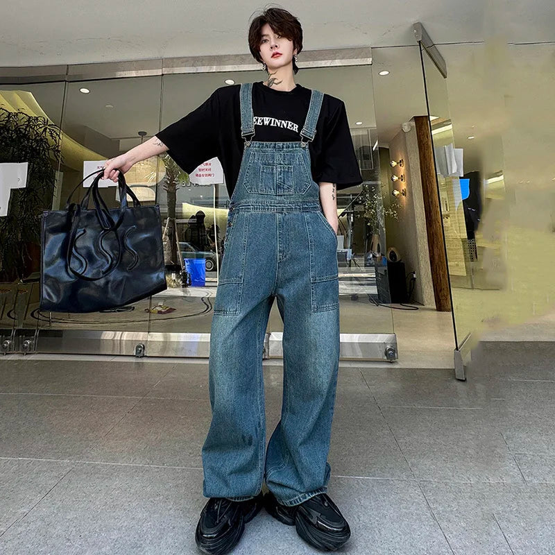 Men's Denim Overalls - American Style Washed Patchwork Straight Wide Leg Jeans for Men | Trendy Spring Outfit | Perfect for Casual Wear, Work & Outdoor Activities