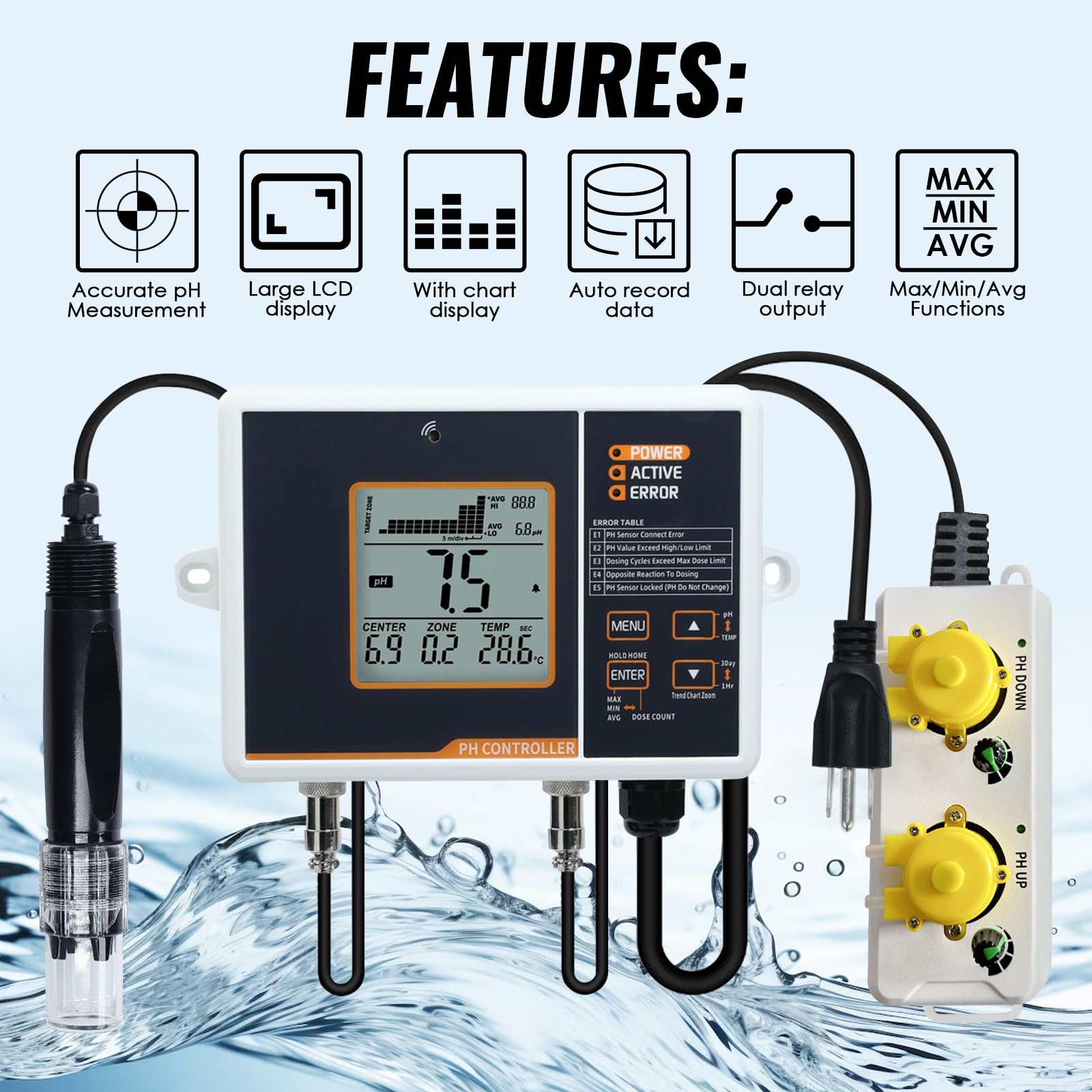 Digital pH Controller with Temperature Compensation for Hydroponics & Aquariums - Dual Relay Monitor with Dosing Pump for Precise pH Control | Ideal for Indoor Plant Growth, Hydroponic Systems & Fish Tanks