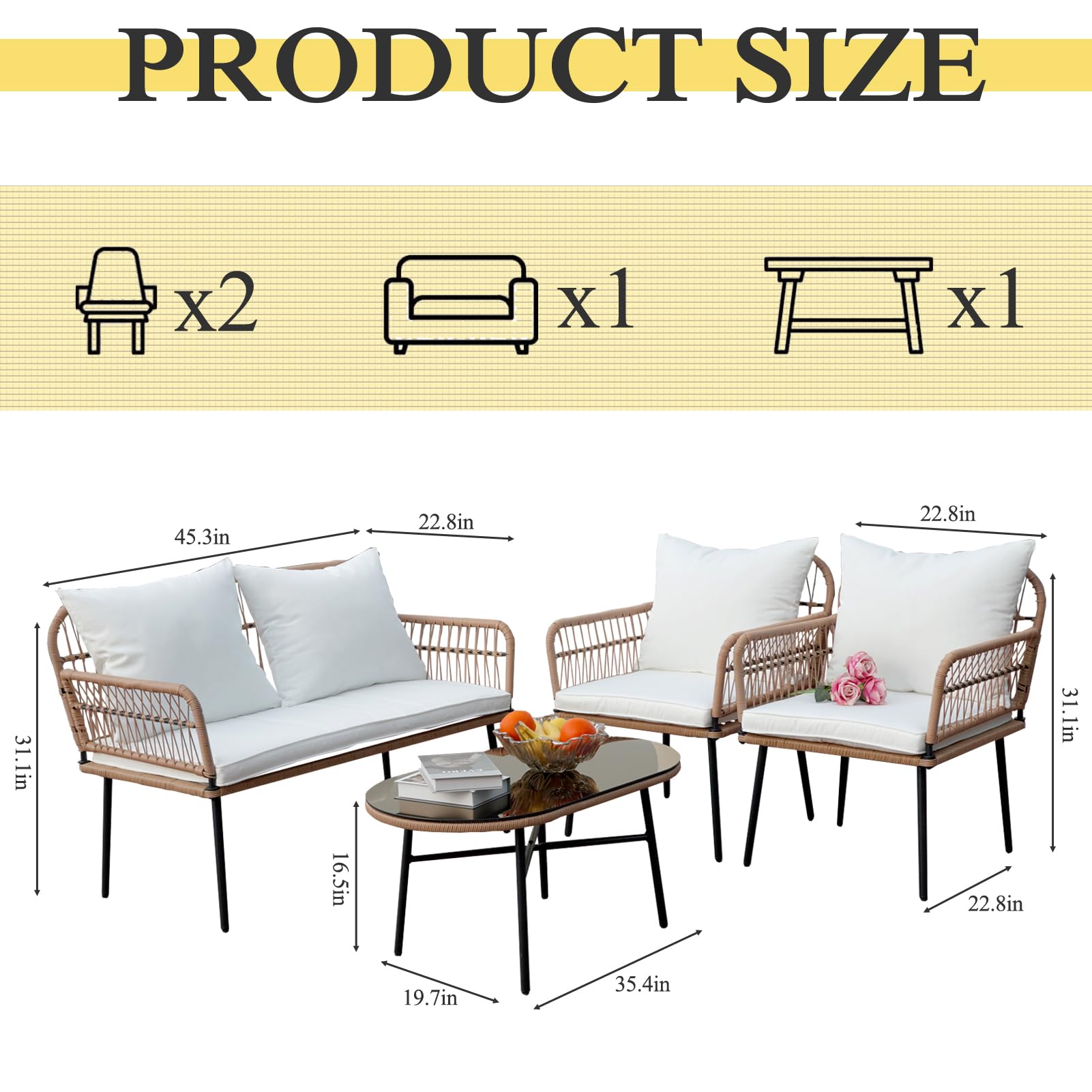 Homsido 4-Piece Boho Patio Furniture Set - Outdoor Wicker Chairs with Washable White Cushions & Glass Coffee Table - Perfect for Balcony, Garden, or Backyard Relaxation