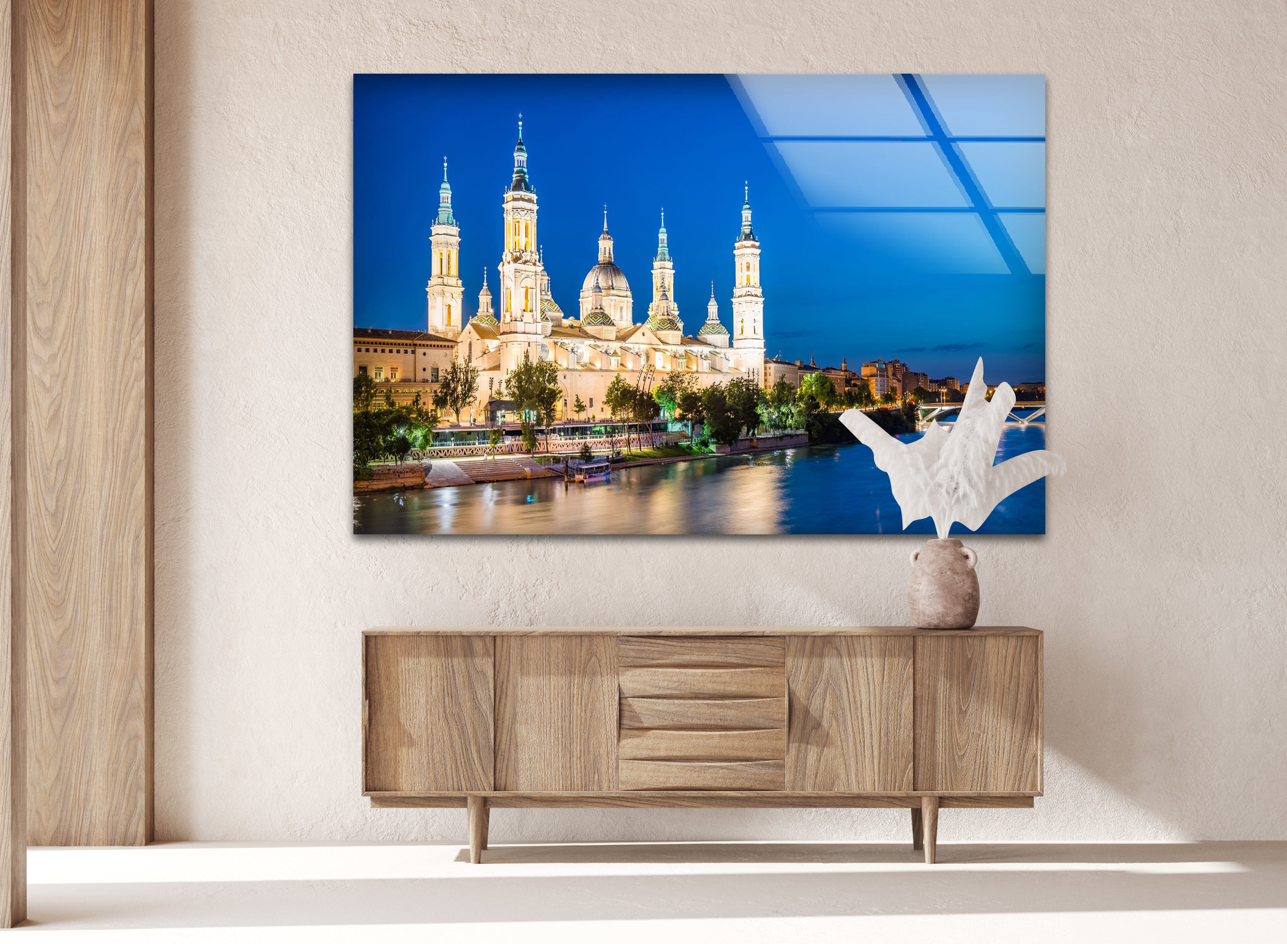 Basilica del Pilar Glass Wall Art - Stunning Night View of Zaragoza's Iconic Landmark | Religious Home Decor & Spanish Souvenir Gift for Travel Lovers