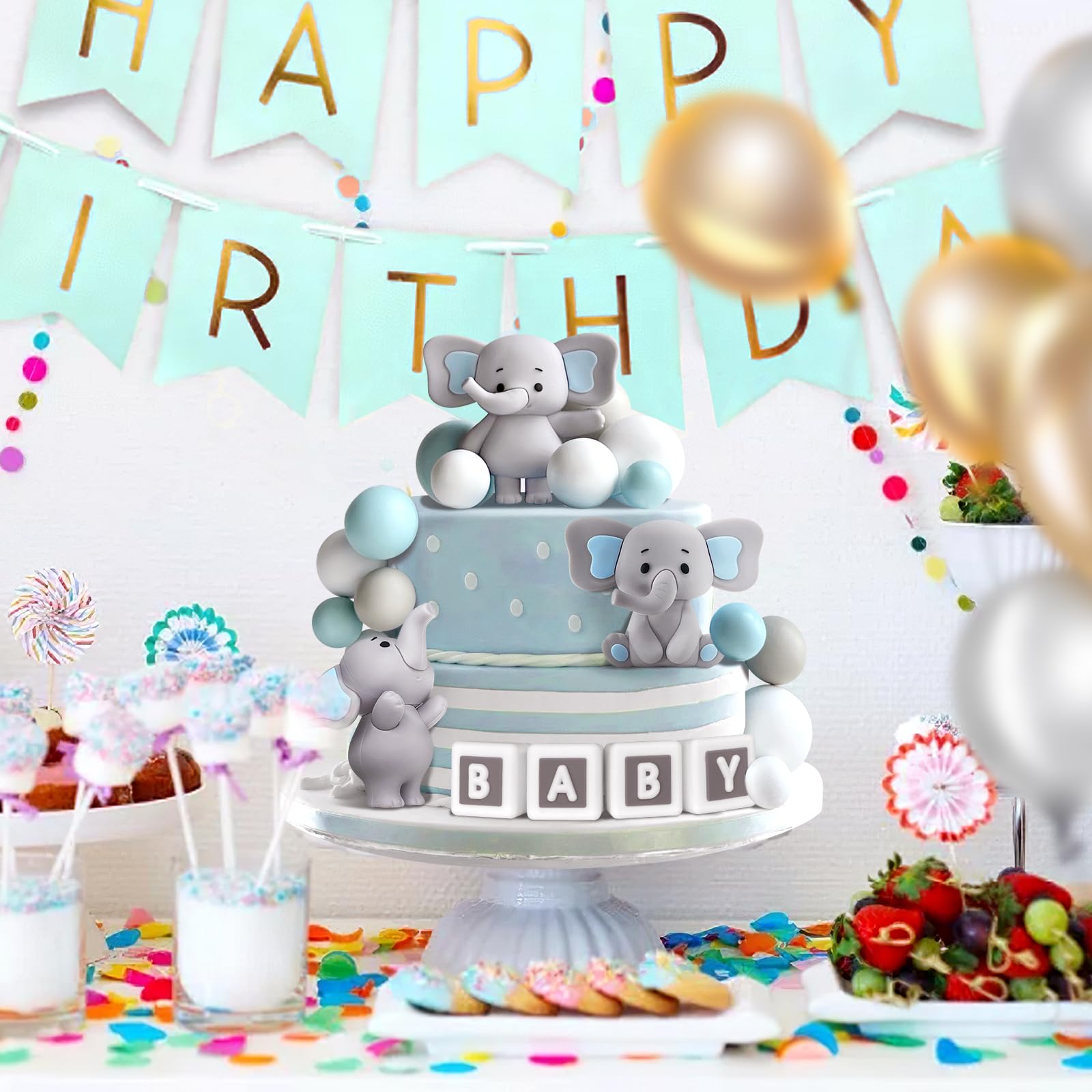 28 Pcs Elephant Cake Toppers - Blue Cake Decorations for DIY Baby Shower, Birthday Party, Boy or Girl - Perfect for Wedding, Anniversary, and Celebration Cakes