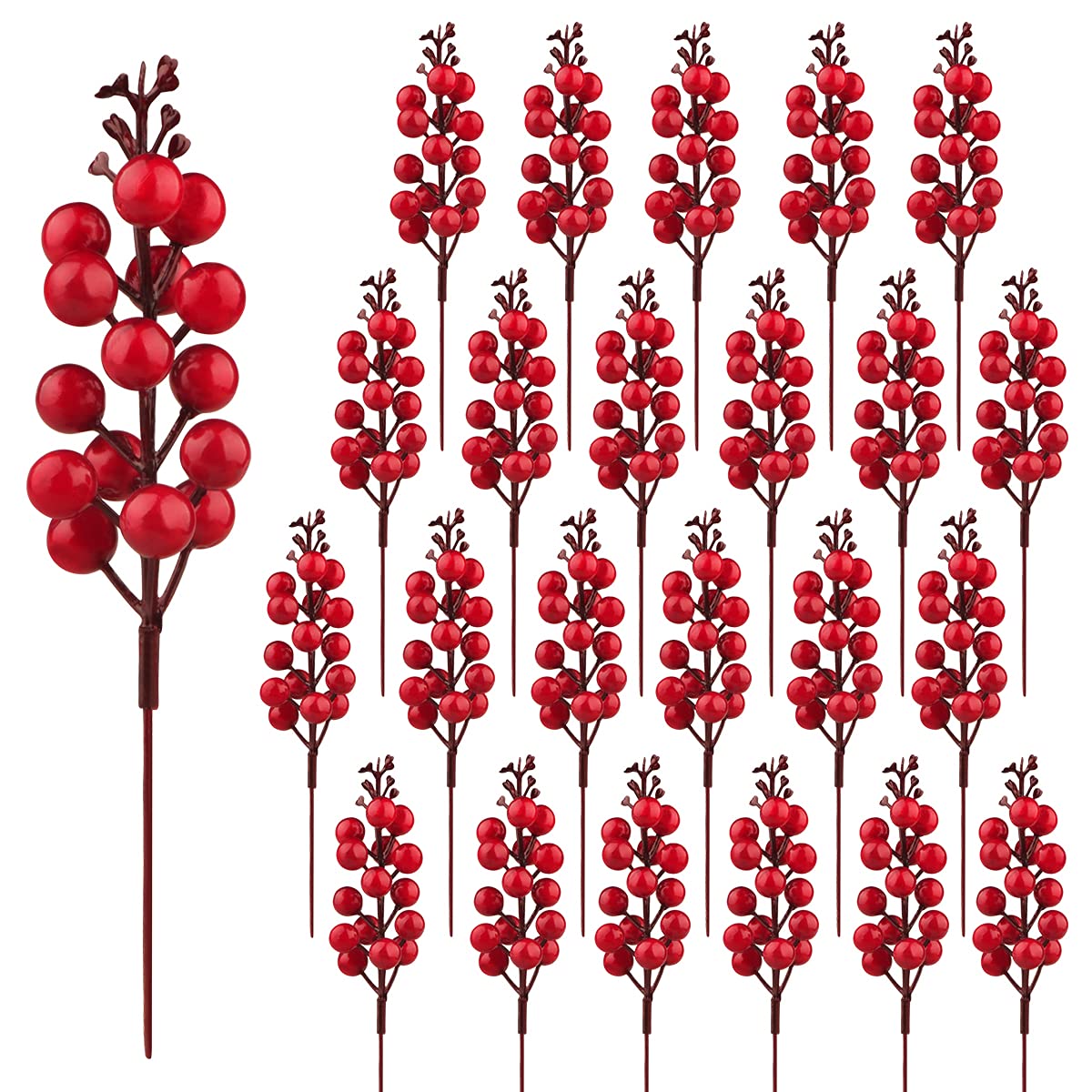 24 Pack 7.5 Inch Artificial Burgundy Red Berry Stems - Christmas Holly Berry Picks for DIY Tree Decor, Wedding Centerpieces & Winter Home Decoration - Perfect for Holiday Crafts, Wreaths and Festive Seasonal Displays