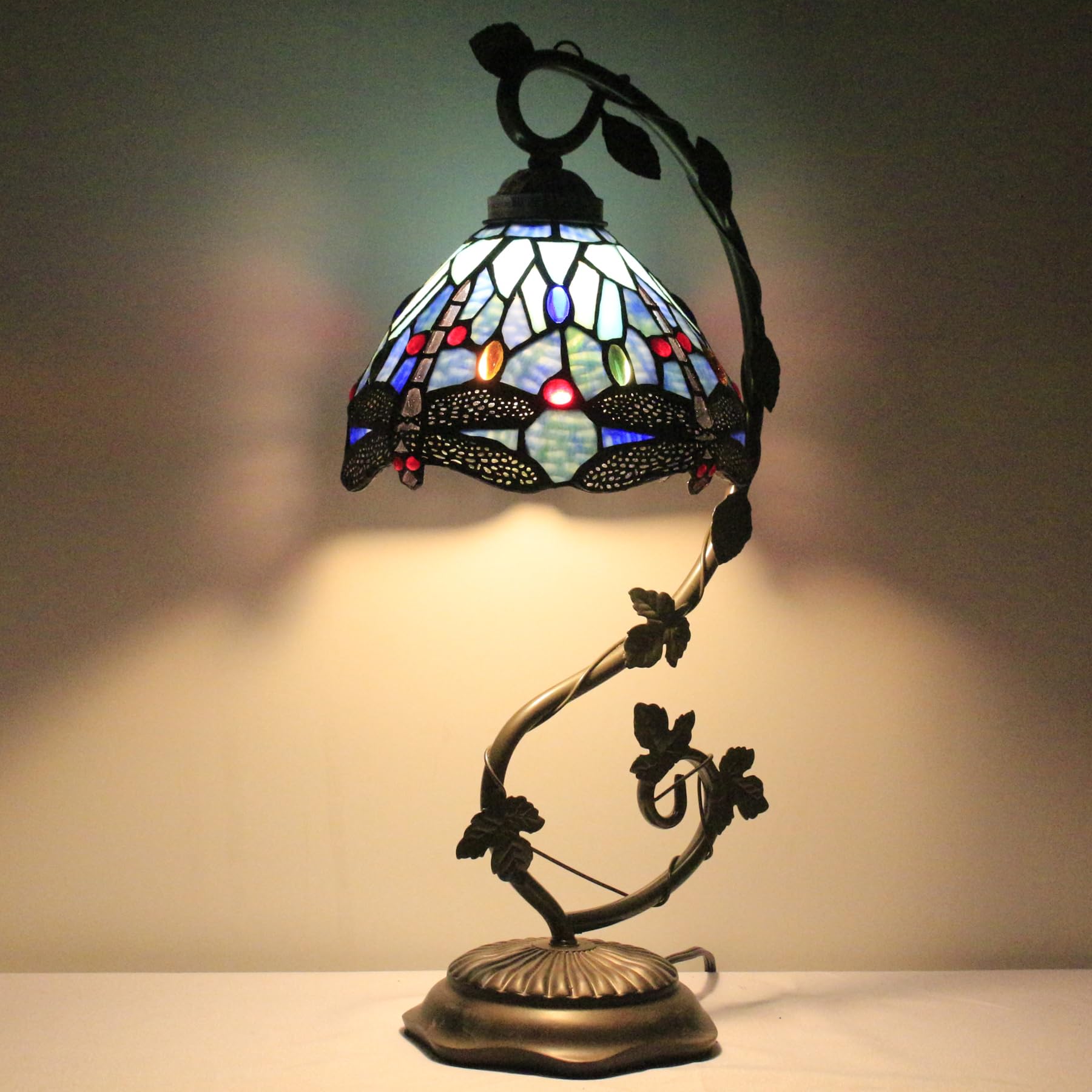 WERFACTORY Tiffany Style Dragonfly Table Lamp - Blue Stained Glass Shade with Metal Leaf Base, 8x10x21 Inch Desk Lamp for Bedroom, Home Office & Small Spaces (S004 Series) | Perfect Reading Light & Decorative Accent