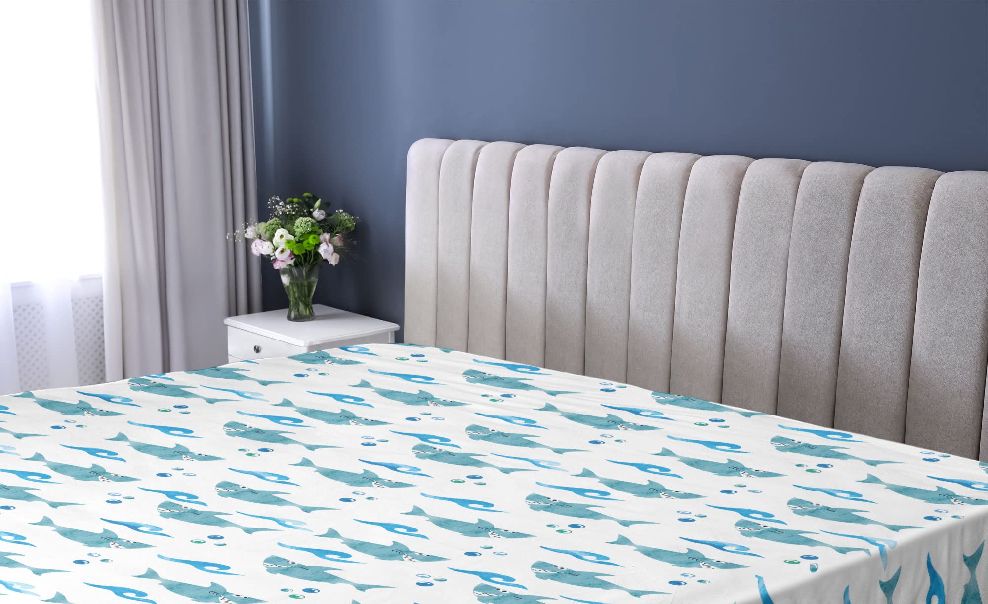 Ambesonne Shark Fitted Sheet - Queen Size Watercolor Ocean Animal Print with Silly Expressions, Bubbles & Waves - Deep Pocket All-Around Elastic Bed Cover in Pale Blue & White | Perfect for Kids' Rooms, Beach Themed Bedrooms & Shark Lovers