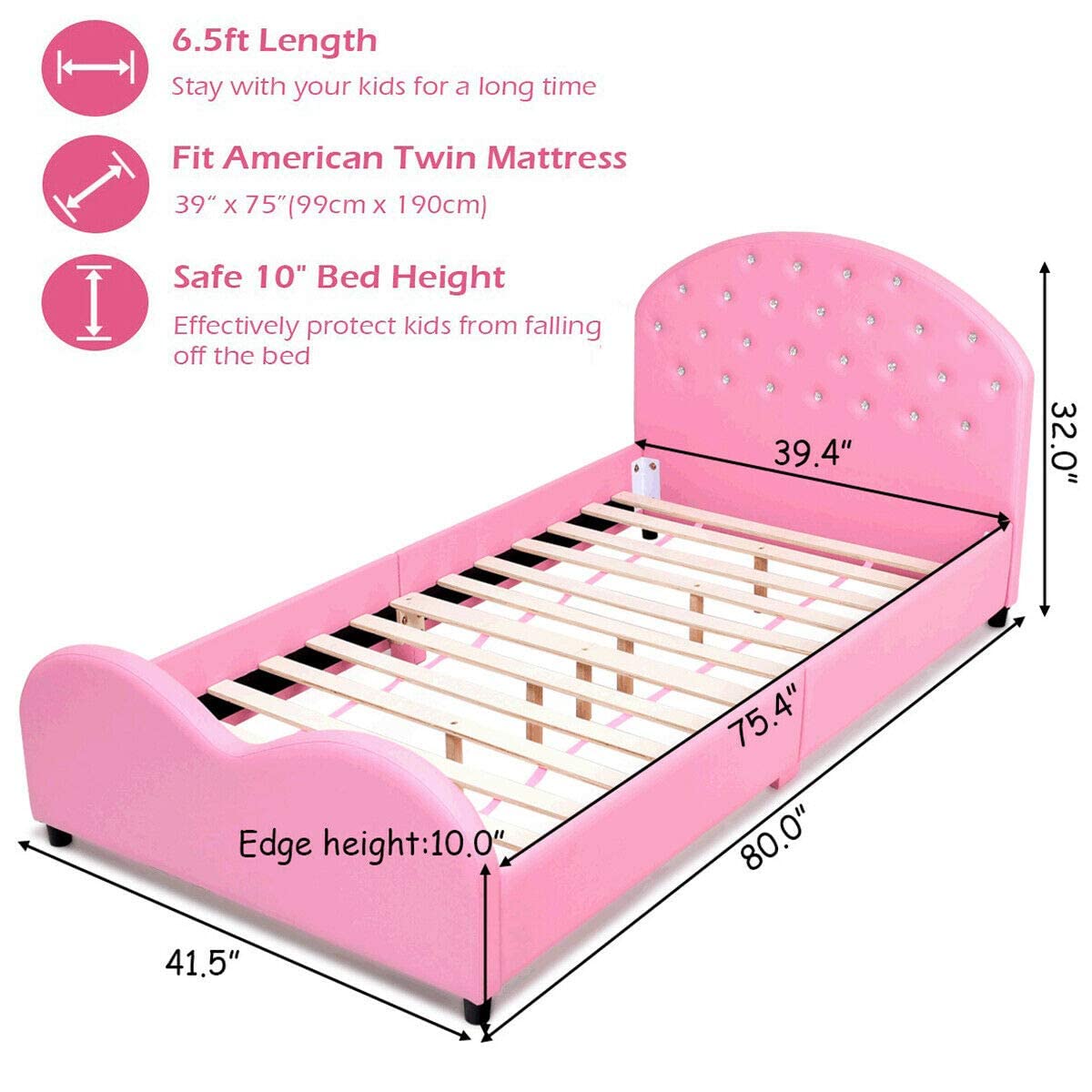 INFANS Twin Size Kids Bed with Headboard - Upholstered Toddler Bed Frame for Girls & Boys, Princess Style Children's Bedroom Furniture for Baby & Toddler | Perfect for Nursery, Bedroom & Sleepovers