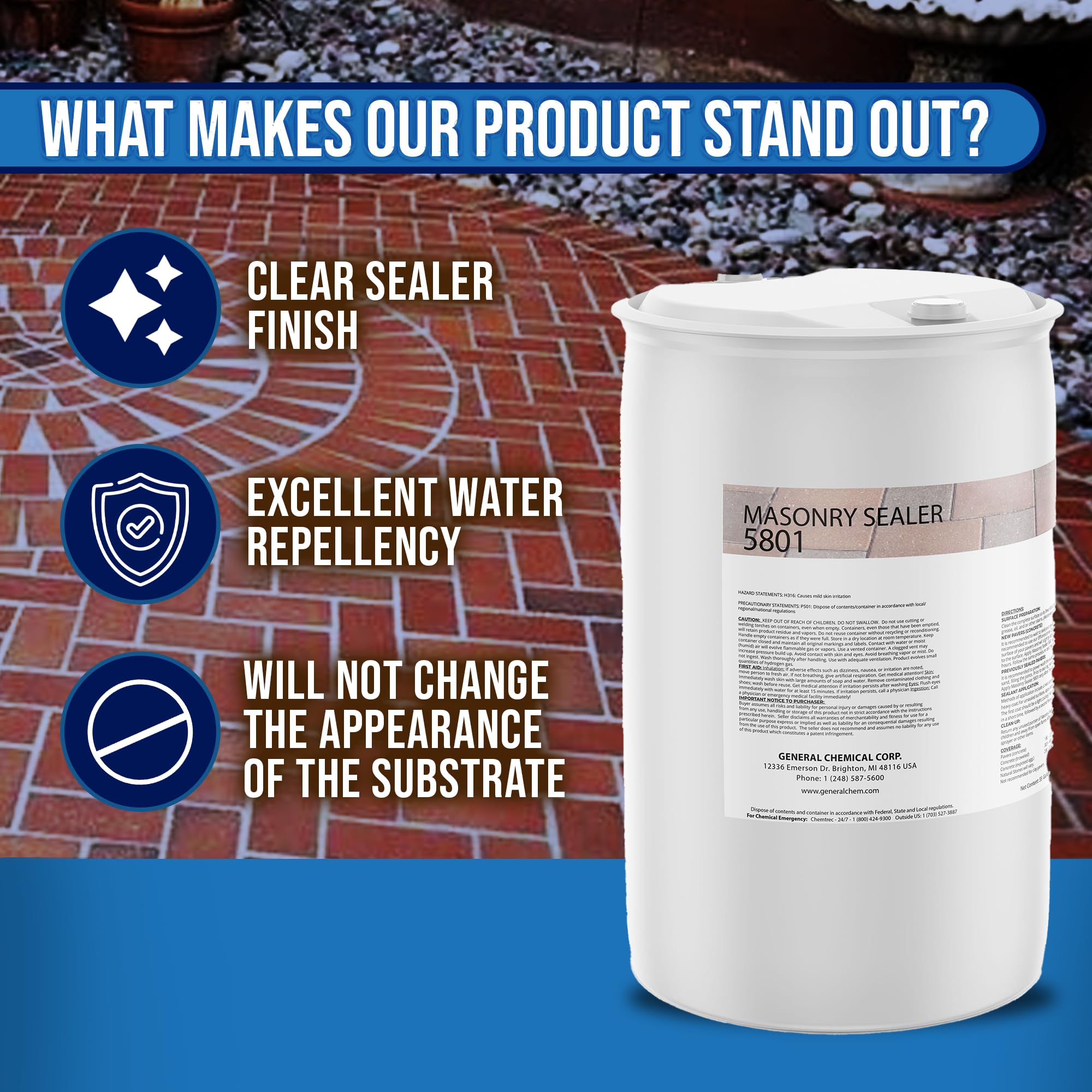 DeckGeneral Masonry Sealer 5801 - Clear Silane Siloxane Waterproof Coating for Concrete, Stone, Brick & Mortar - Long-Lasting Protection for Driveways, Sidewalks, Patios & Outdoor Surfaces (55 Gallon) - Ideal for Weatherproofing & Enhancing Curb Appeal