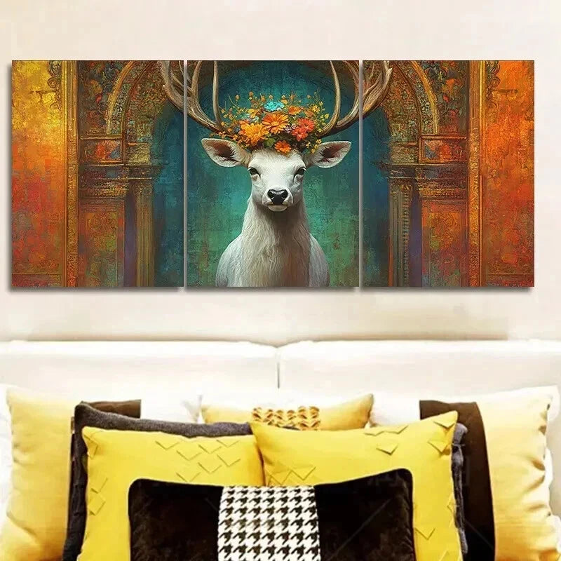 3-Piece White Deer with Floral Head Canvas Wall Art Set - Framed 50x70cm High Quality Print | Australian Made | Ready to Hang | Perfect for Living Room, Bedroom & Office Decor