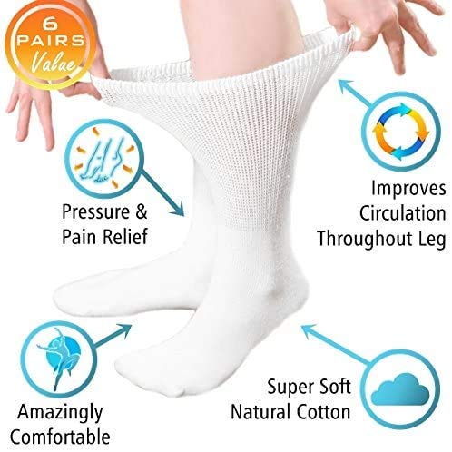 Diabetic Crew Socks for Men & Women - Breathable Cotton Socks with Non-Binding Top - Comfortable Loose Fit Socks for Swollen Feet Relief & Improved Circulation - Ideal for Diabetes, Edema and Daily Wear