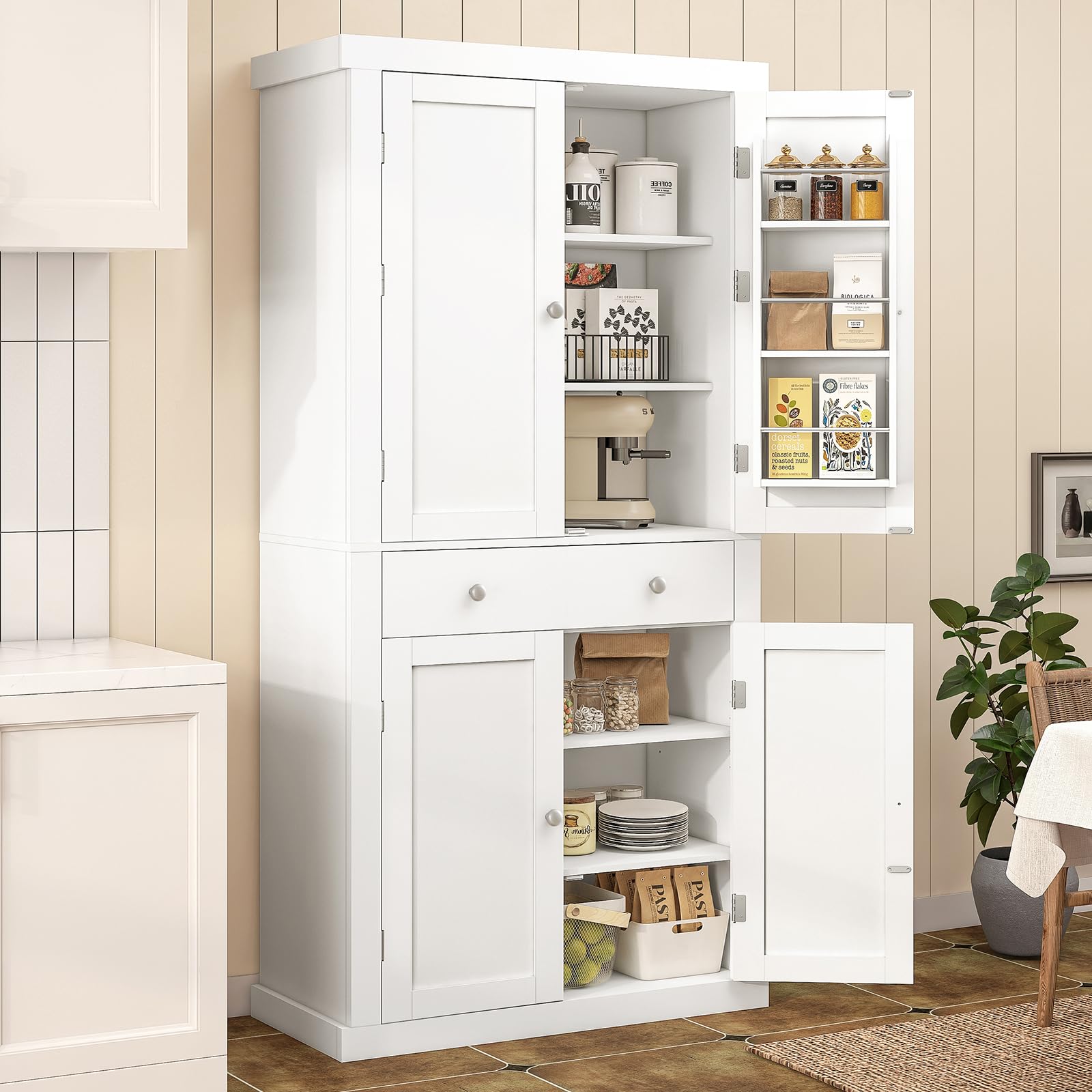 USIKEY 72-Inch White Kitchen Pantry Cabinet - 4 Doors & 1 Drawer Tall Storage Cupboard with 6 Hanging Shelves & Adjustable Shelves - Perfect for Kitchen Organization, Dining Room Storage & Living Room Decor