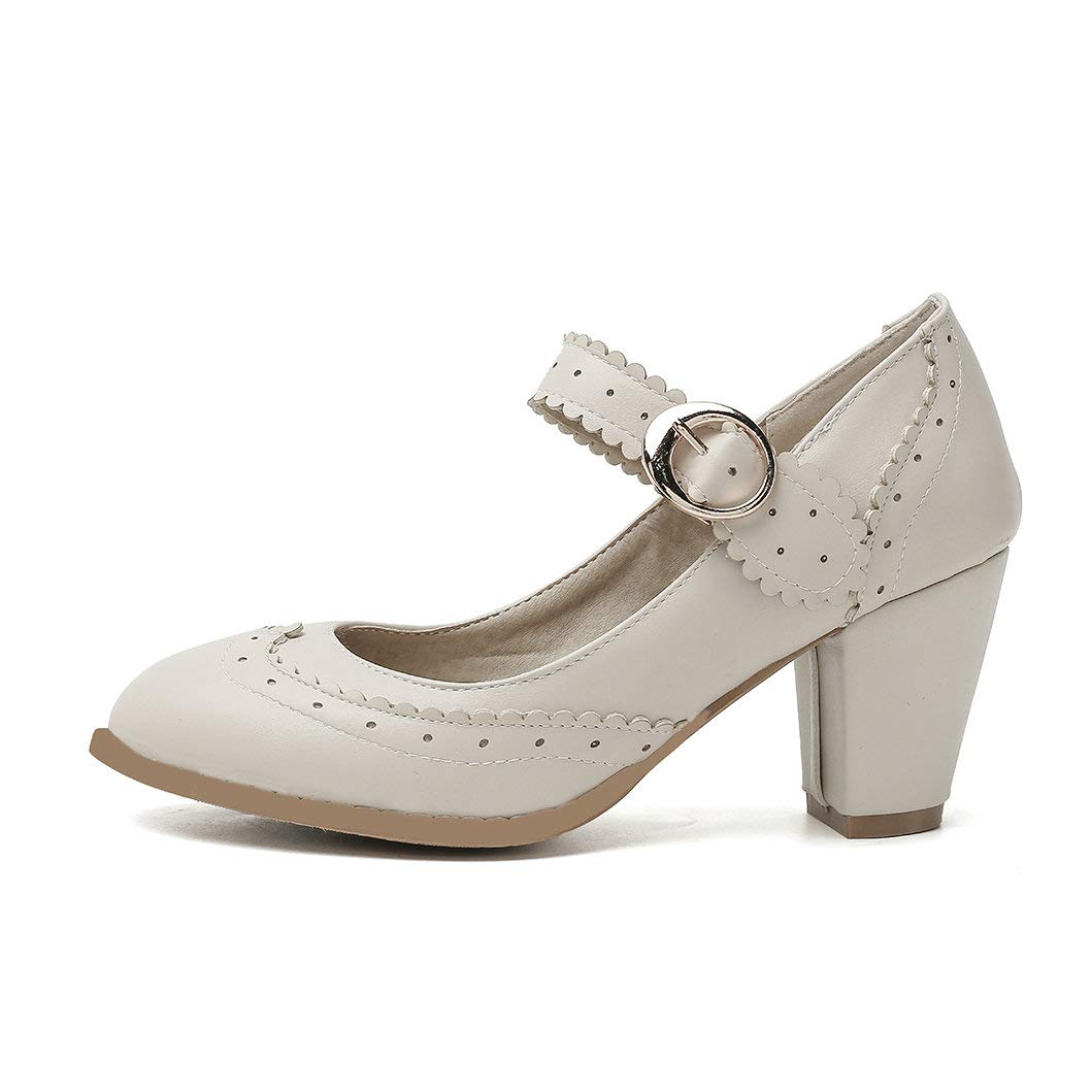 Vintage Women's Rockabilly Mary Jane Block Heel Pumps - Wingtip Closed Toe Dress Shoes for Retro Parties & Pinup Fashion
