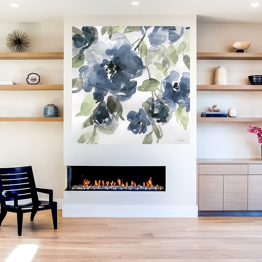 Botanical Wall Art Canvas - Blue Indigo Floral Painting by Carol Robinson | 37x37 Inch Bathroom & Bedroom Decor | Modern Plant-Themed Home Artwork for Living Spaces