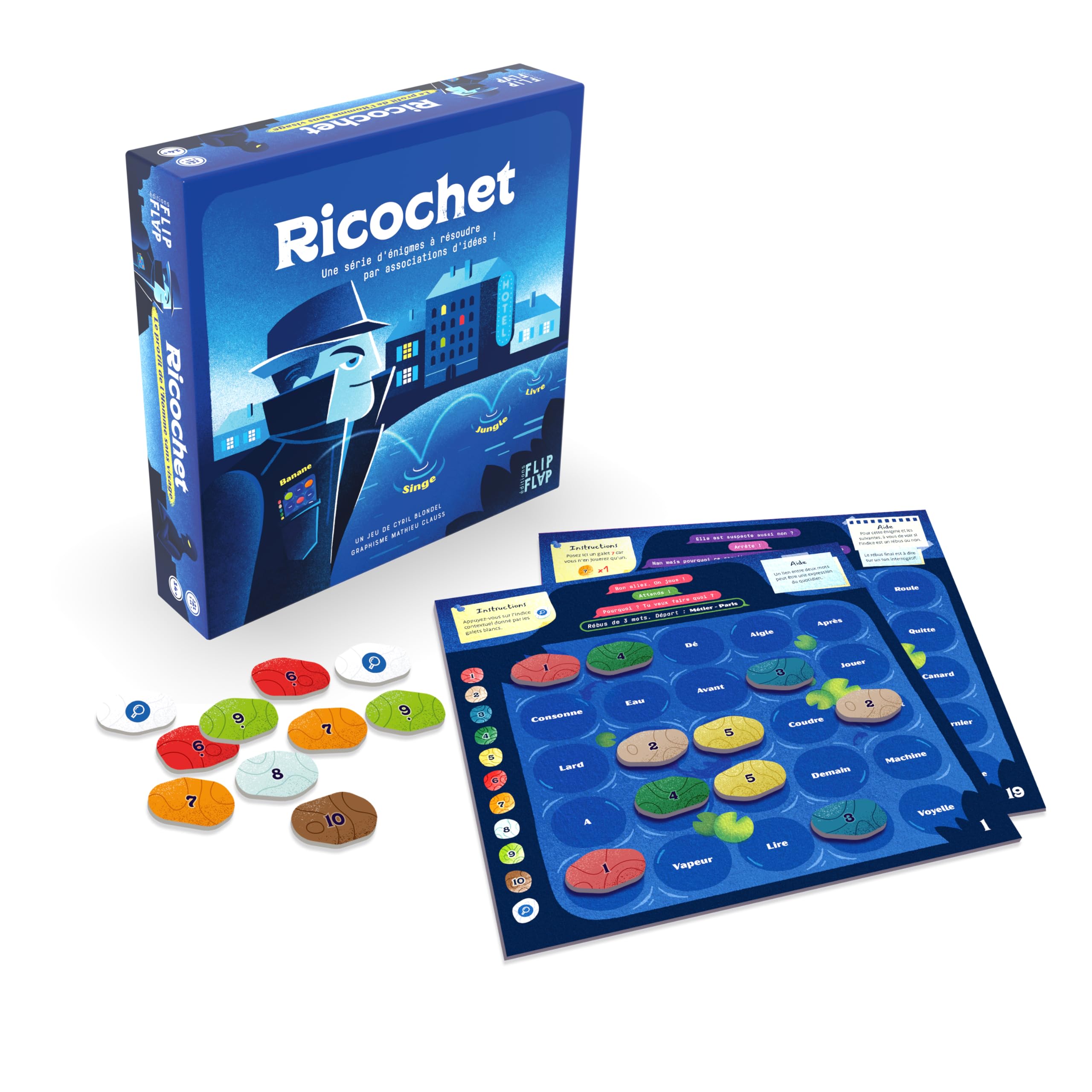 Flip Flap Editions Ricochet 2: The Profile of the Faceless Man - Board Game for Mystery & Deduction - Word Association - Solo or Cooperative Play - 30 Puzzles - Riddles & Rebus - Perfect for Family Game Nights, Brain Teasers, and Detective-Themed Parties
