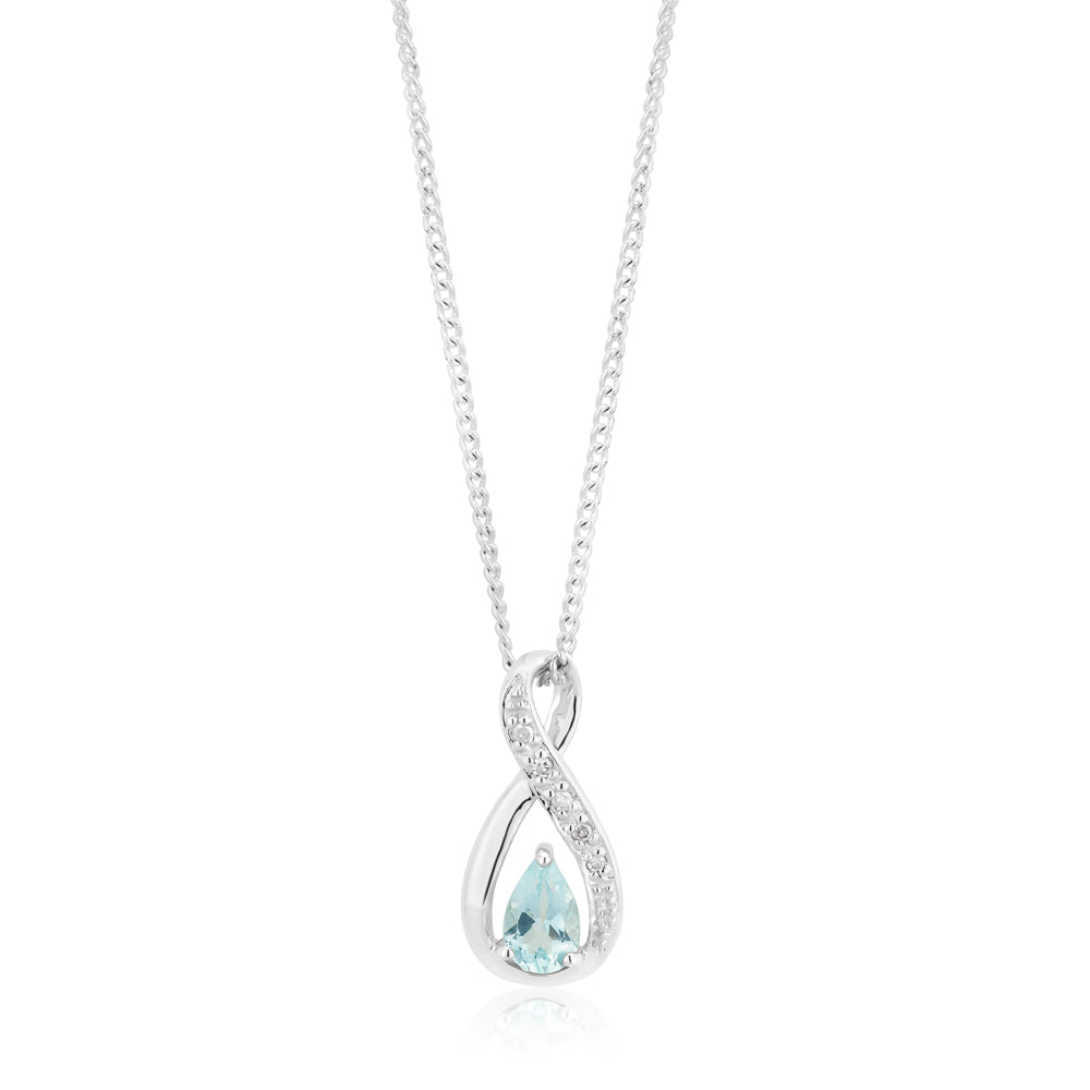 9ct White Gold Aquamarine & Diamond Infinity Pendant Necklace - Elegant Jewelry Gift for Women, Perfect for Anniversaries & Special Occasions