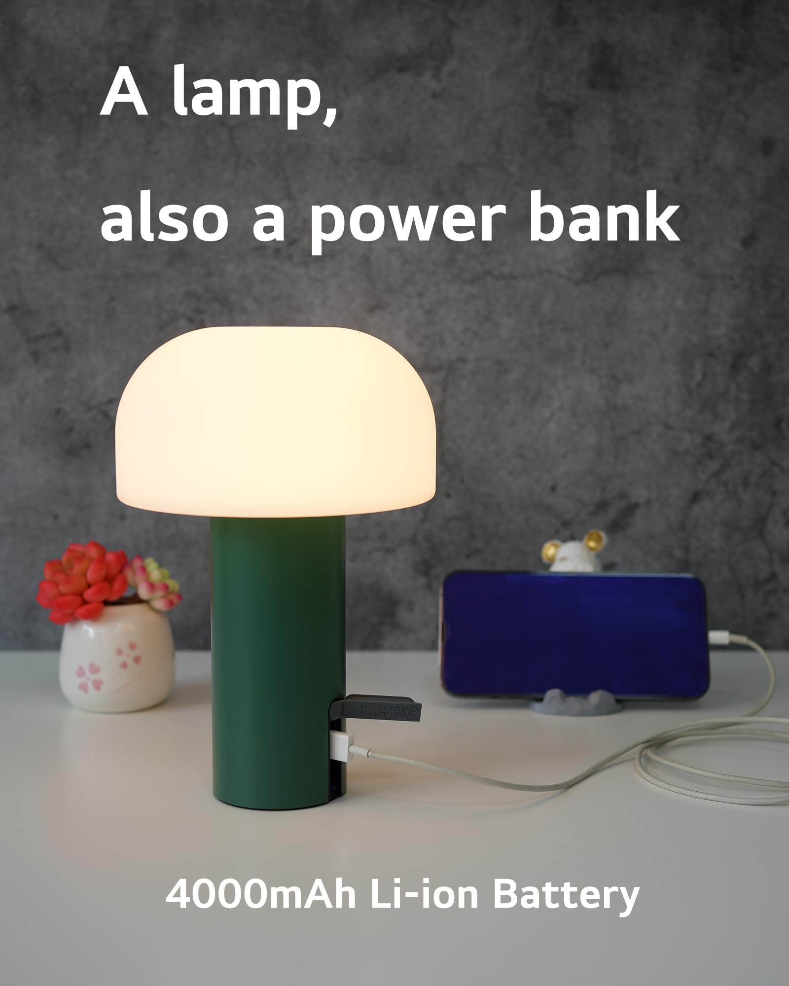 Rechargeable Outdoor Mushroom Table Lamp - Waterproof Cordless Patio Light with USB Charging & Touch Dimming - Portable Battery Operated Night Light for Garden, Porch, Restaurant, Camping (Green)