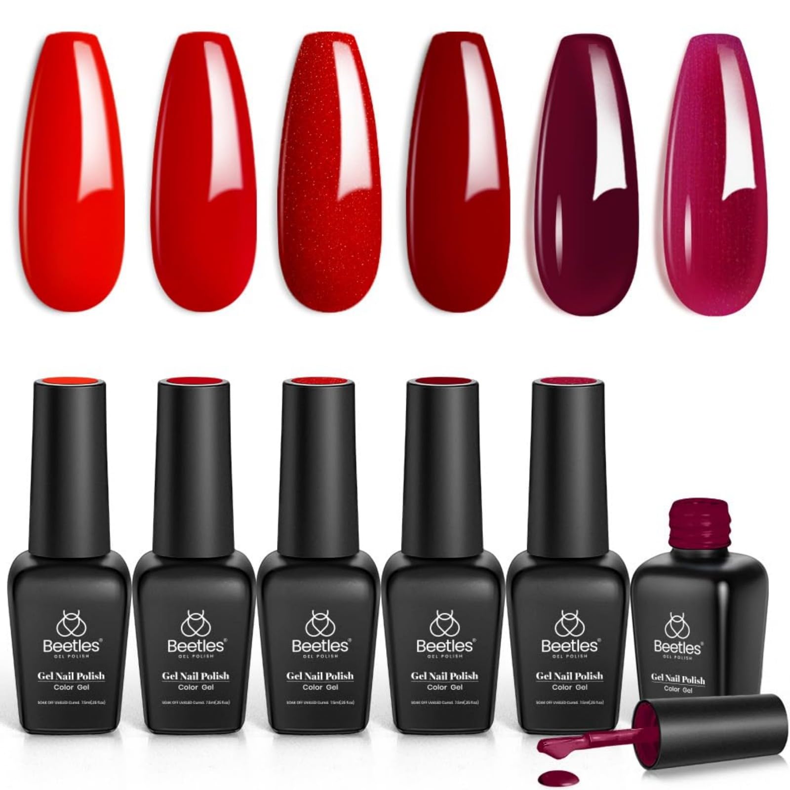 Beetles 6 Colors Red Gel Nail Polish Set - Shimmer Burgundy UV LED Soak Off Gel Polish Kit for Nail Art Design | DIY Manicure at Home | Perfect Gift for Women & Nail Lovers | Valentine's Day, Parties & Special Occasions