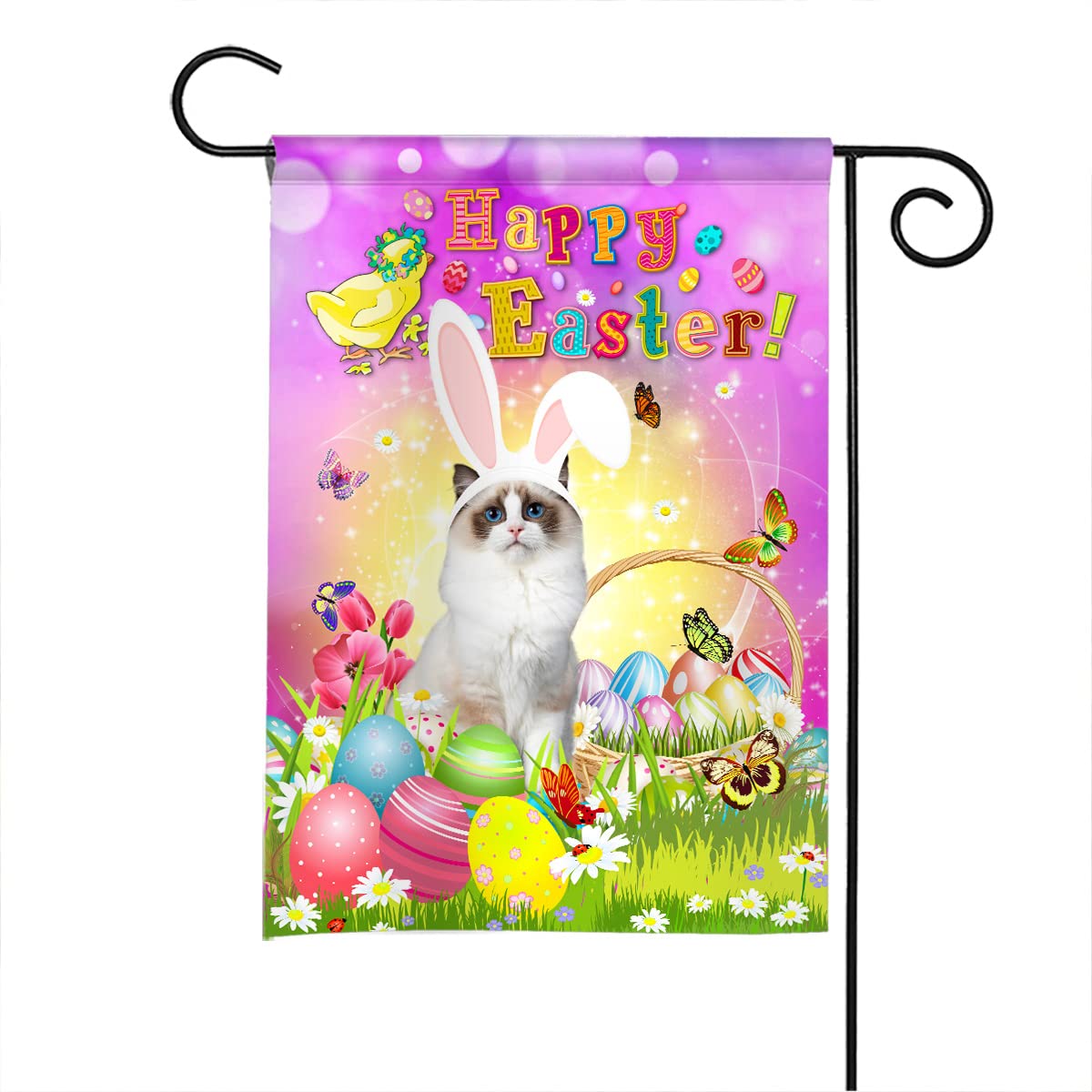 Happy Easter Flag - Easter Ragdoll Cat Bunny Garden Flag with Eggs Design, Spring Holiday Decor for Yard, Porch & Home Welcome Sign (Y1403-13.1) - Perfect for Easter Celebrations, Front Door Decorations & Seasonal Festive Displays