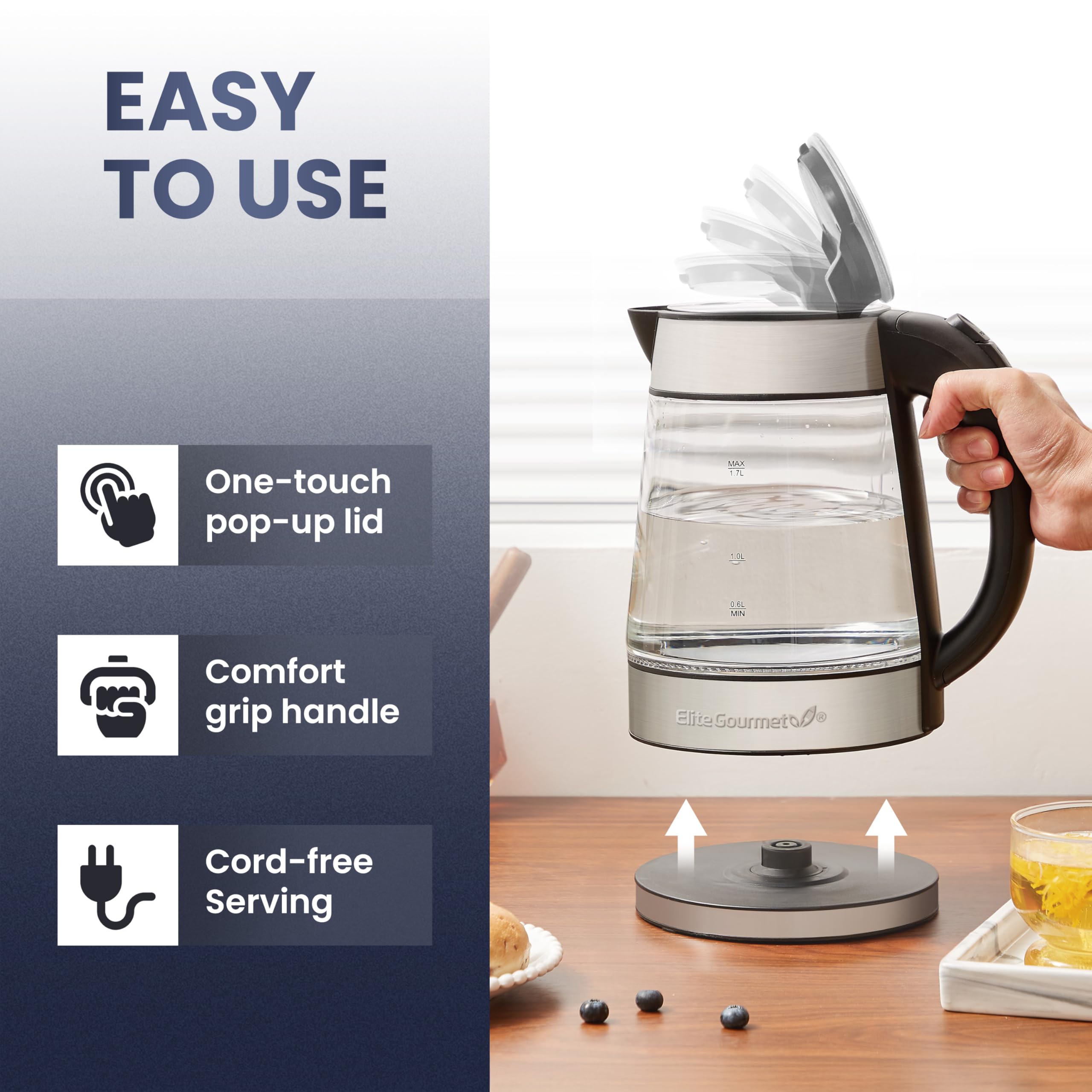 Elite Gourmet EKT-602 Electric Glass Kettle - BPA-Free, 360° Cordless Base, Blue LED Light, Auto Shut-Off - Fast Boiling for Tea, Coffee & Hot Drinks - Perfect for Home, Office & Dorm Use