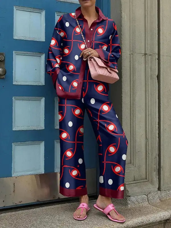 Women's Vintage Printed Loose Two-Piece Set - Long Sleeve Shirt & Wide Leg Pants for Autumn | Fashion Streetwear Outfit for Casual Wear, Office, and Date Nights