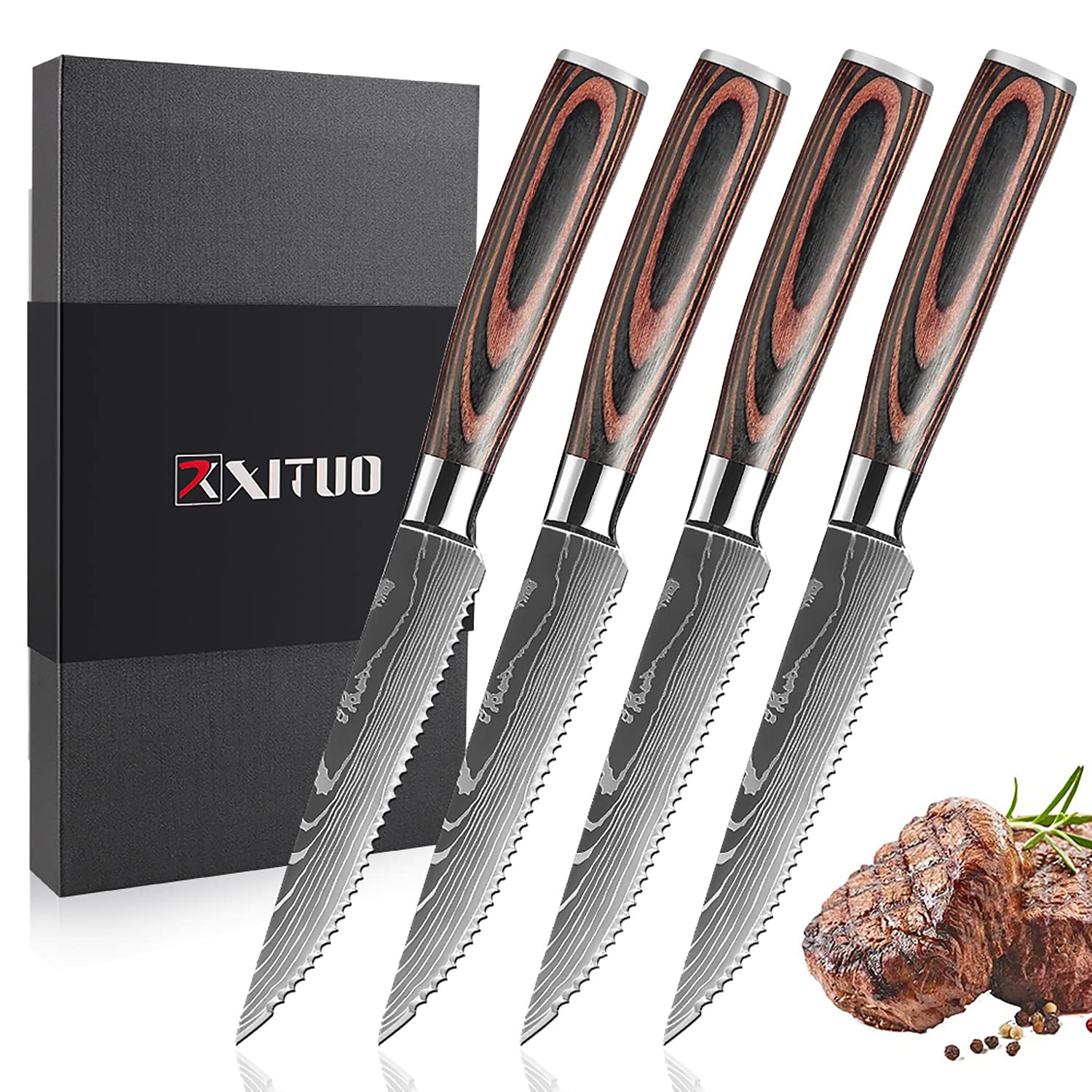 Premium XT XITUO 4-Piece Steak Knives Set - Damascus Pattern Stainless Steel Serrated Blades with Wooden Handle - Perfect for Steak, Meat, BBQ & Restaurant Use - Multipurpose Kitchen Cutlery for Home & Professional Chefs