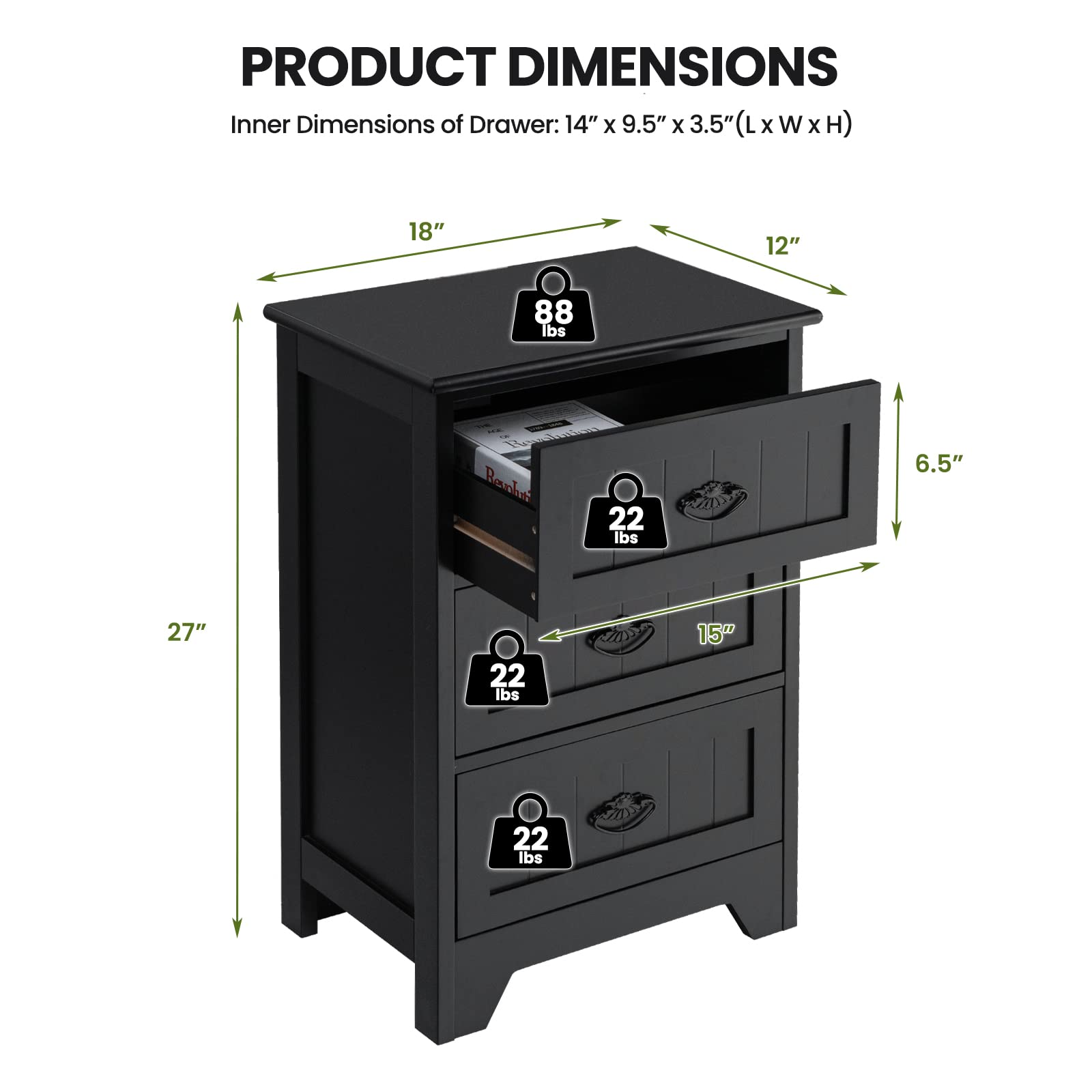 Giantex 3-Drawer Nightstand with Metal Handles, Bedside Table with Anti-Tip Design - Black Accent Table for Bedroom, Living Room & Office | Perfect for Storing Books, Lamps & Bedroom Essentials