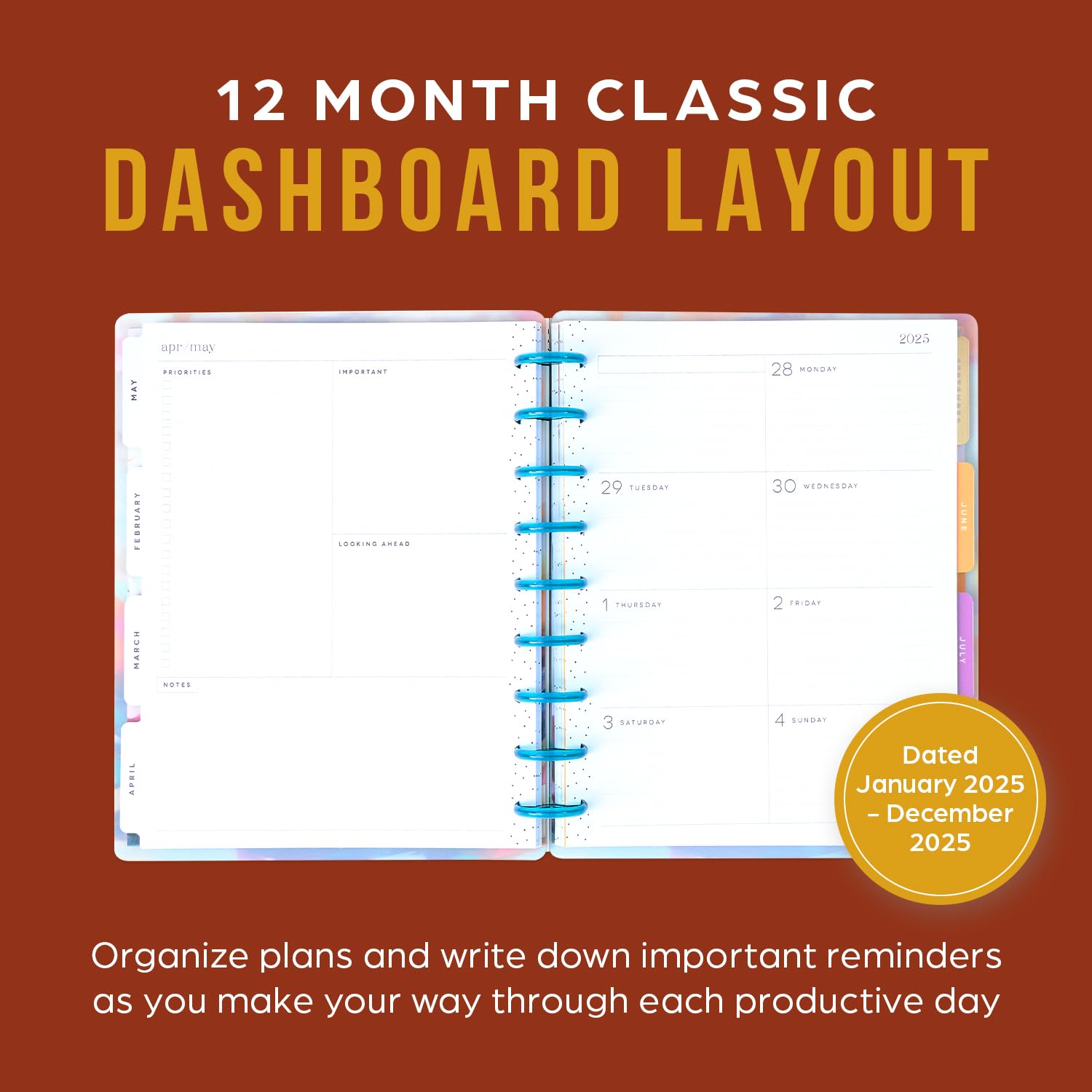 Happy Planner Disc-Bound 12-Month Planner 2025 - Daily Weekly Monthly Organizer, Classic Size 7