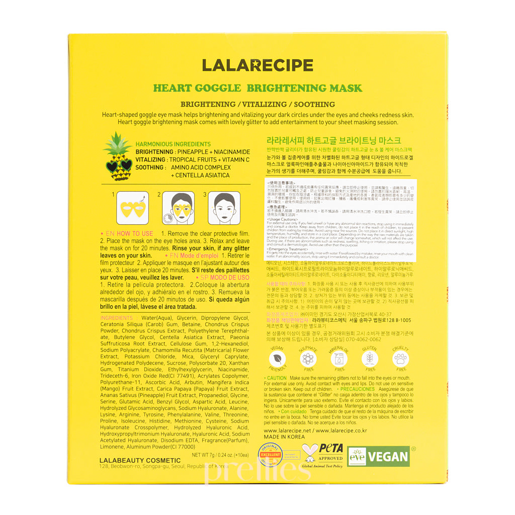 LALARECIPE Heart Goggle Brightening Mask (Pineapple Yellow) 10pcs/Box - Korean Sheet Mask for Glowing Skin, Hydration & Radiance - Perfect for Spa Day, Self-Care Routine & Gift Giving