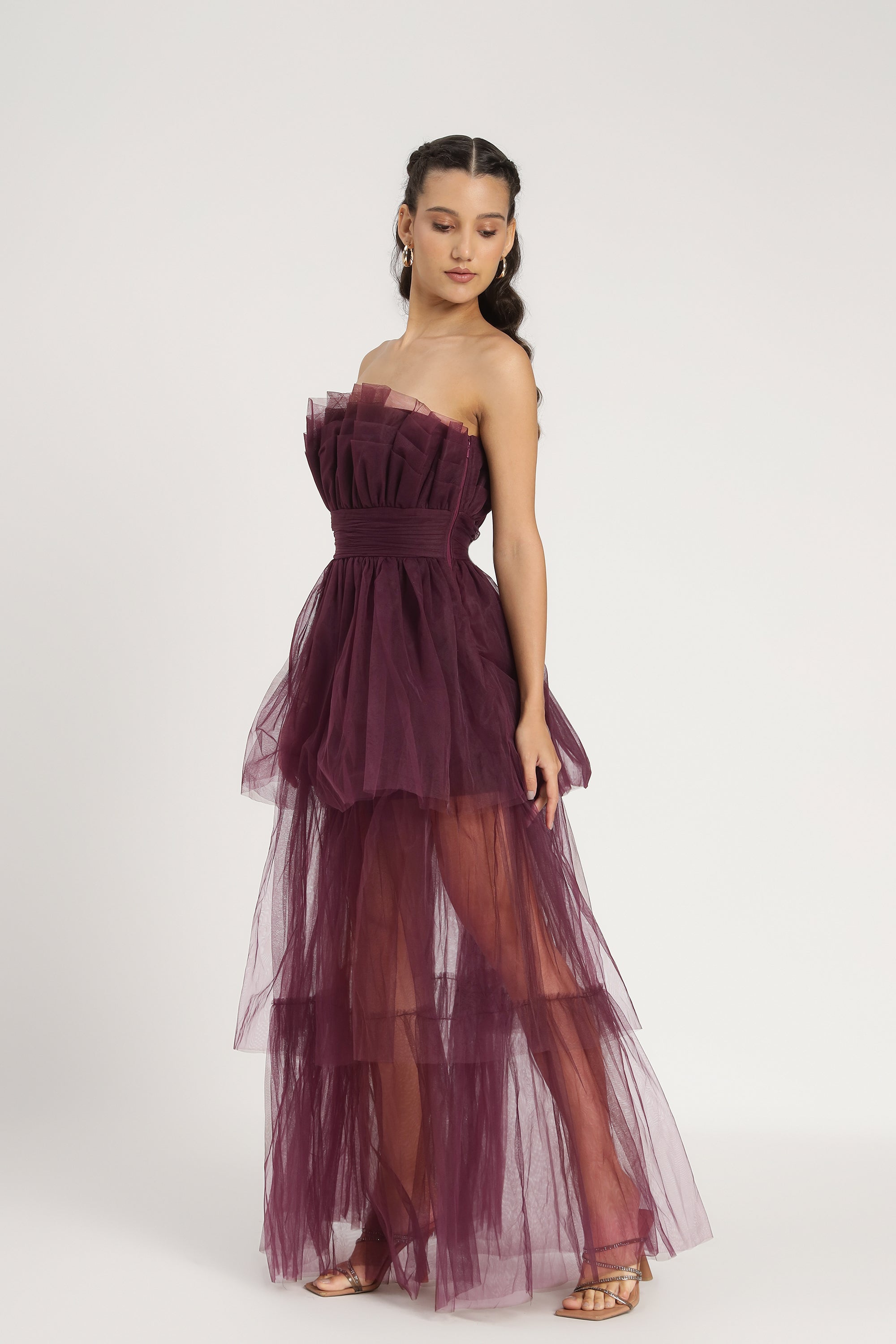 Natalia Elegant Plum Tulle Maxi Dress for Women - Perfect for Weddings, Prom, and Evening Parties
