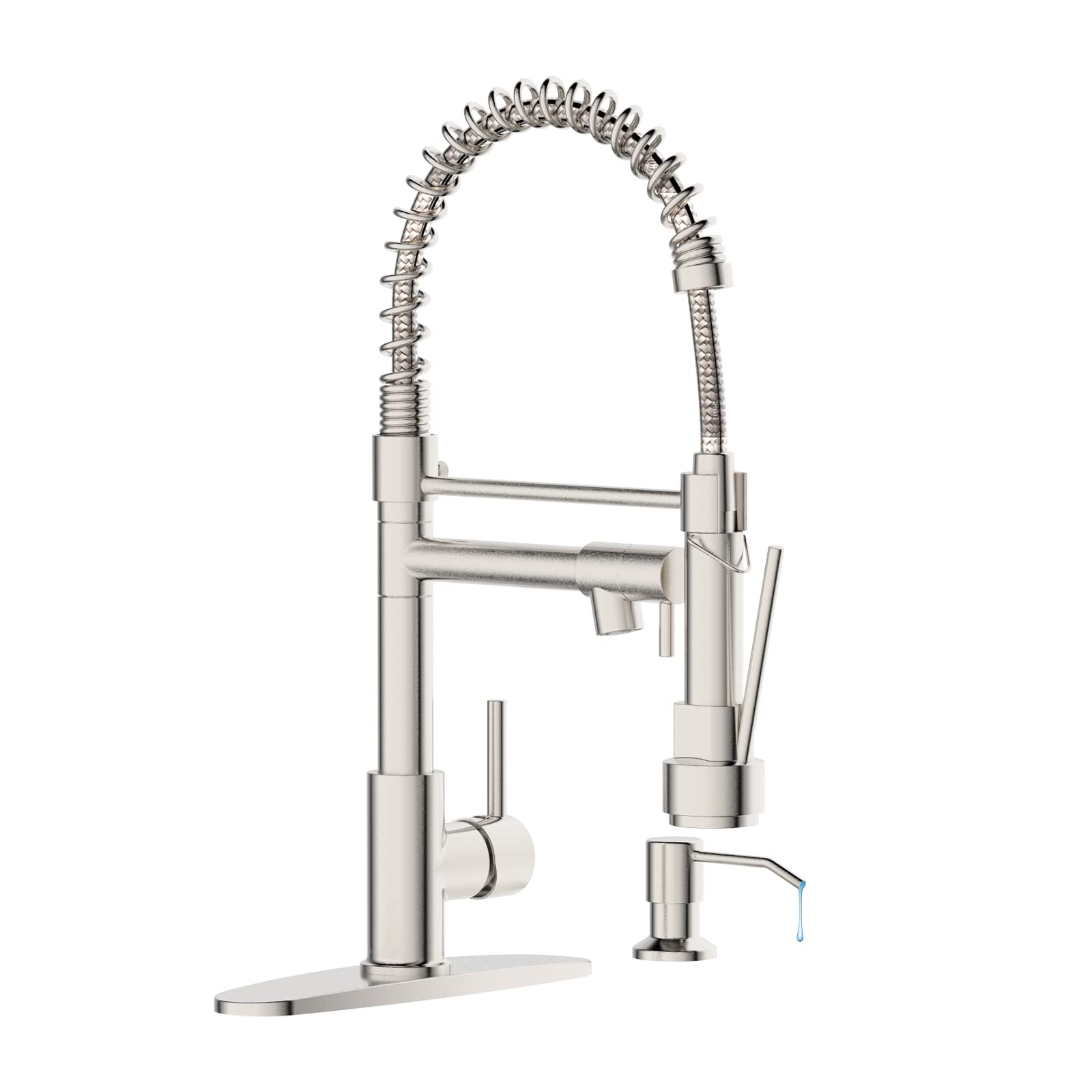Brushed Nickel Kitchen Faucet with Pull Down Sprayer & Soap Dispenser - Single Handle Farmhouse Sink Faucet for RV, Camper, Tiny Home | Dual Function Spray Head with Deck Plate | Perfect for Small Kitchens, Mobile Homes & Outdoor Use
