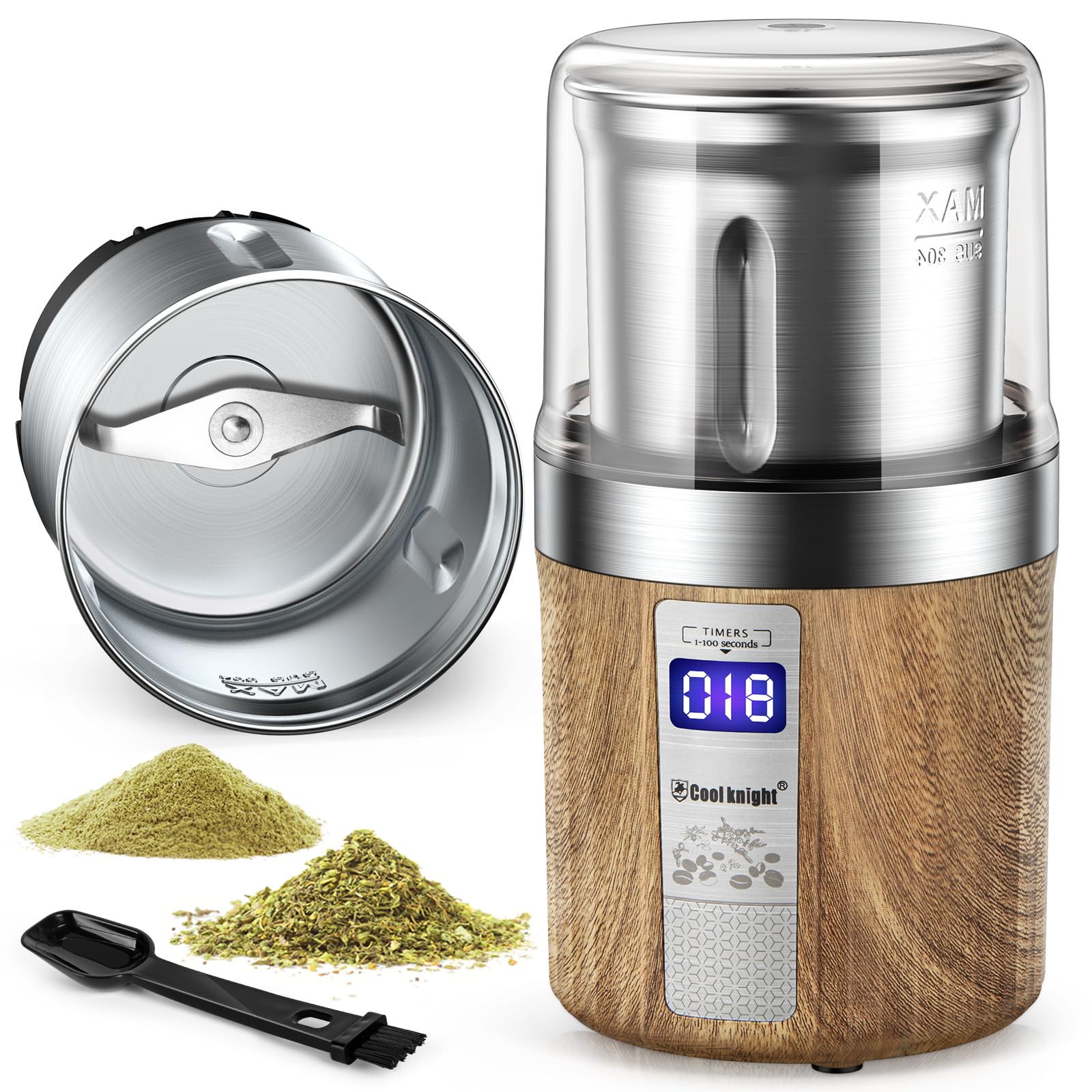 COOL KNIGHT Electric Herb Grinder - 304 Stainless Steel Blades & Removable Bowl for Spices, Coffee Beans, Herbs - Large Capacity with Timer - Perfect for Kitchen, Baking & Coffee Brewing