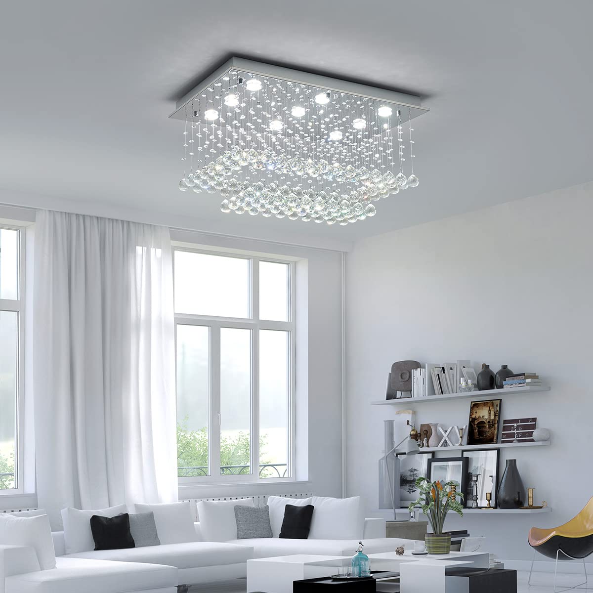 Saint Mossi K9 Crystal Chandelier - 9-Light 2-Tier Modern Flush Mount Ceiling Light Fixture for Bedroom, Dining Room & Living Room (32
