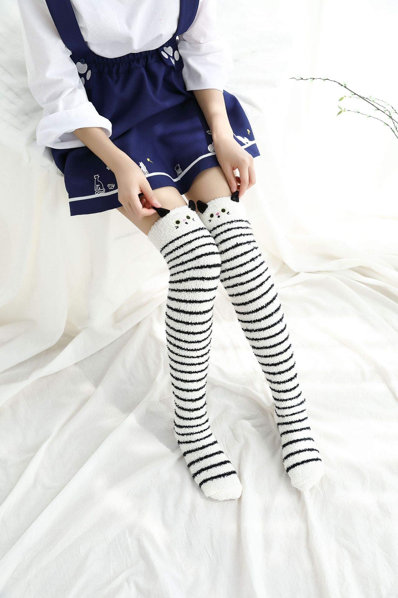 Wander G Women's Over Knee High Fuzzy Socks - Cute Cartoon Thigh High Stockings, Warm Striped Leg Warmers for Winter, Christmas Gifts, Lounge & Home Comfort