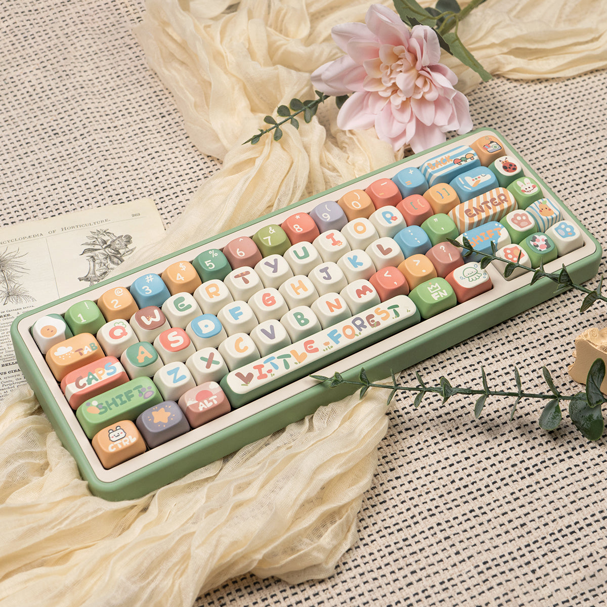 MOA Little Forest Magnetic Axis Mechanical Keyboard Keycaps - Cute Cartoon PBT Heat Sublimation Keycap Set for Gaming & Typing (Perfect for Office, Home & Gaming Setup)