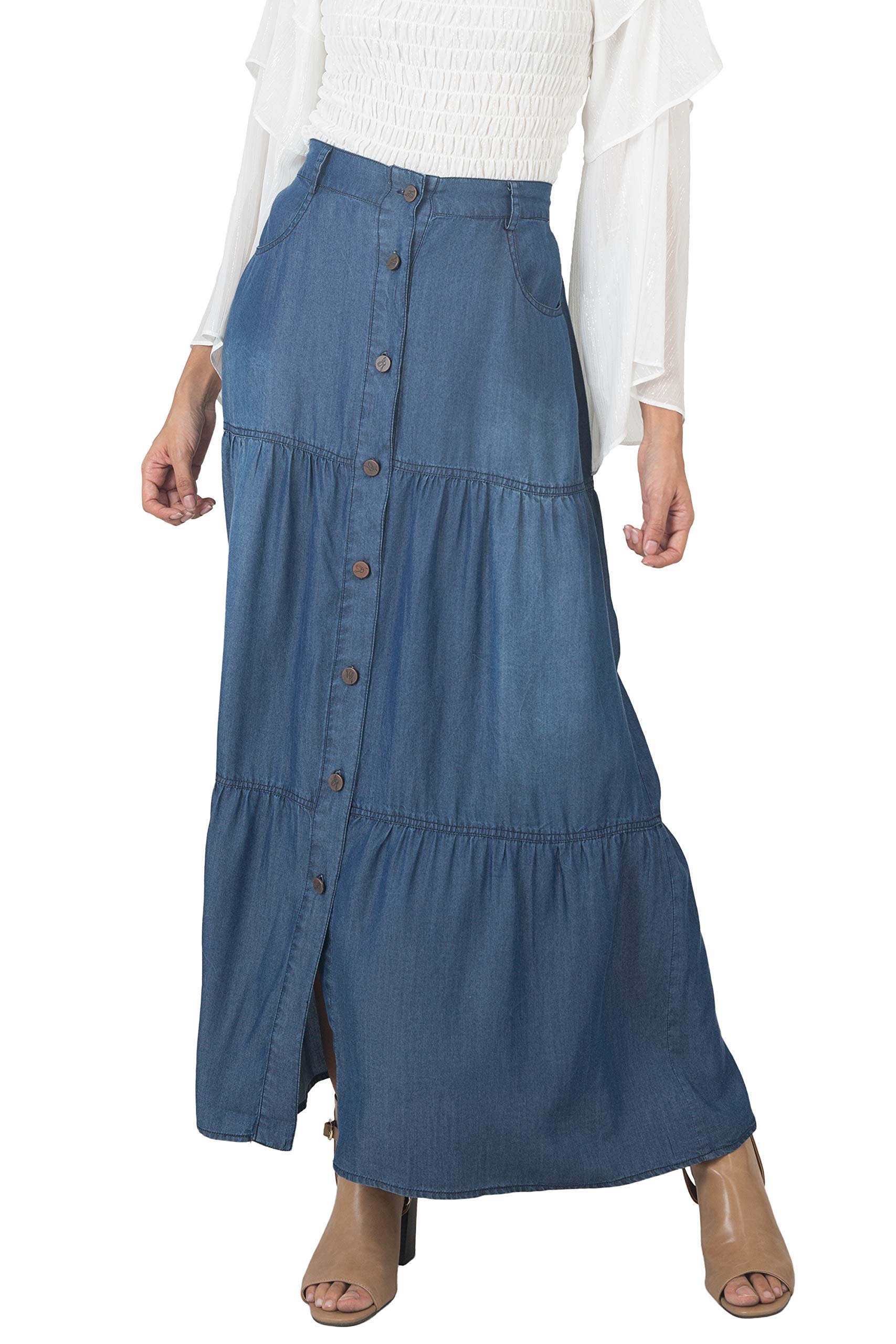 Women's Tencel Denim Maxi Skirt - Breathable A-Line Peasant Style with Pockets | Perfect for Summer, Beach, Boho Outfits & Casual Wear