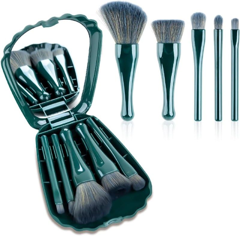 Dezva Travel Size 5PCS Mini Makeup Brush Set with Mirror | Portable Cosmetic Brush Kit for Foundation, Powder, Concealer, Eyebrow, Eyeshadow, Blush & Lip Gloss | Perfect for Travel, On-the-Go Touch Ups & Makeup Beginners