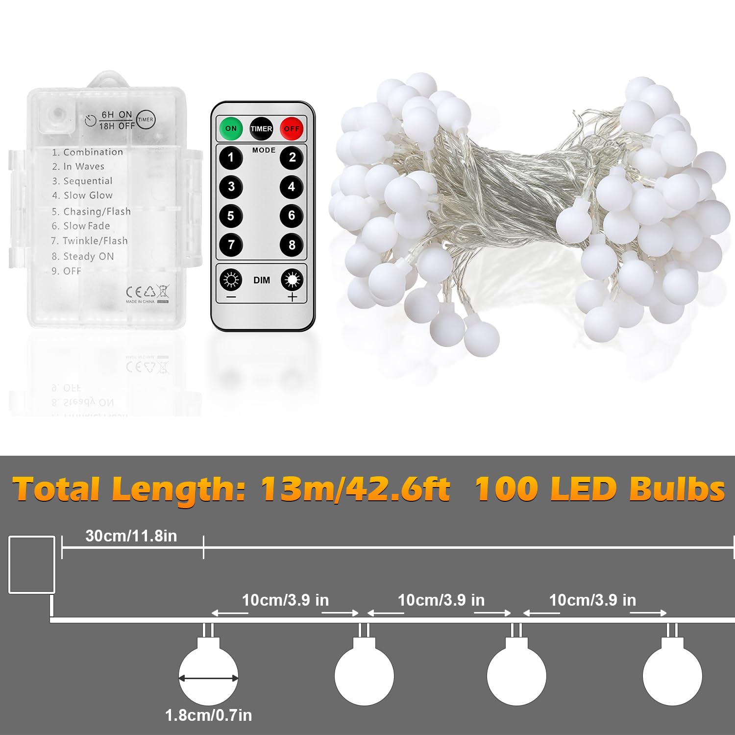 33ft 100 LED Battery Operated Christmas Lights with Remote & Timer - 8 Modes Waterproof Globe String Lights for Indoor Outdoor Decor, Camping, Parties, Weddings, and Holiday Lighting
